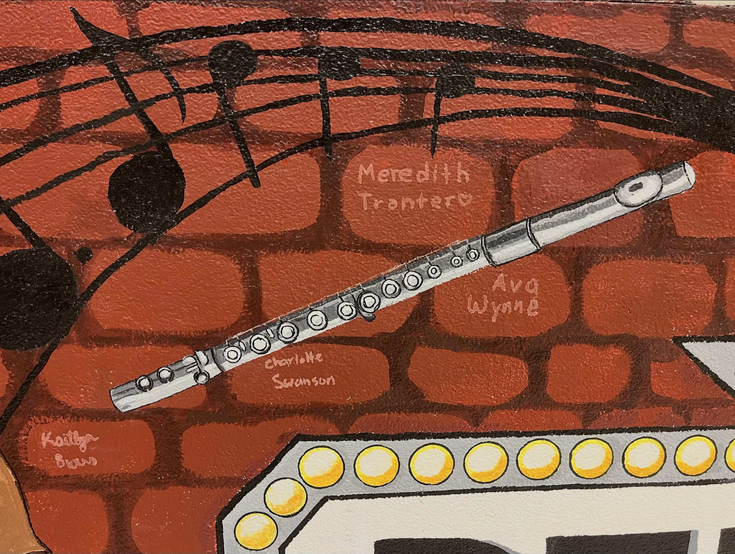 Image of a musical staff with notes, including a treble clef, labeled with names of comic book characters like Meredith Tranter, Charlotte Braun, and Sammy, against a red background with black outlining.