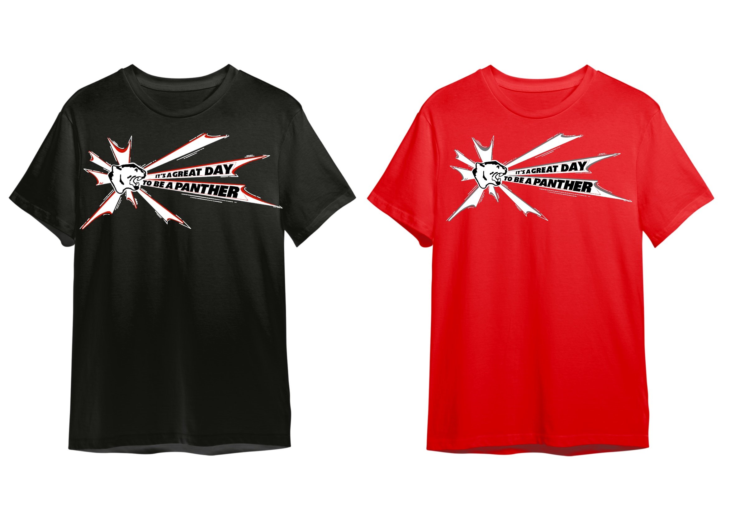 Two t-shirts, one black and one red, both with a graphic of a clenched fist punching through an explosion with the text ;It's a great day to be a Panther'.