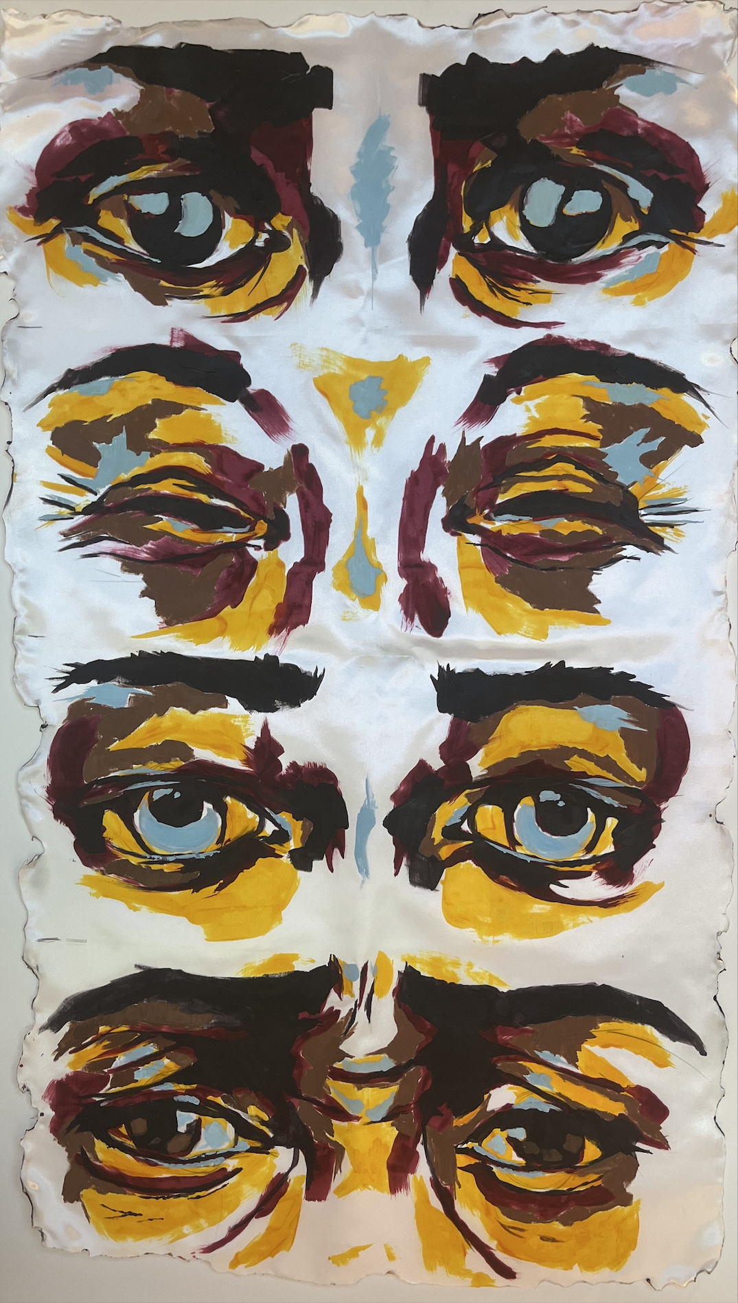 A colorful, abstract painting of a human face with multiple sets of eyes and lips in yellow, black, red, brown, and blue on a textured, torn paper background.