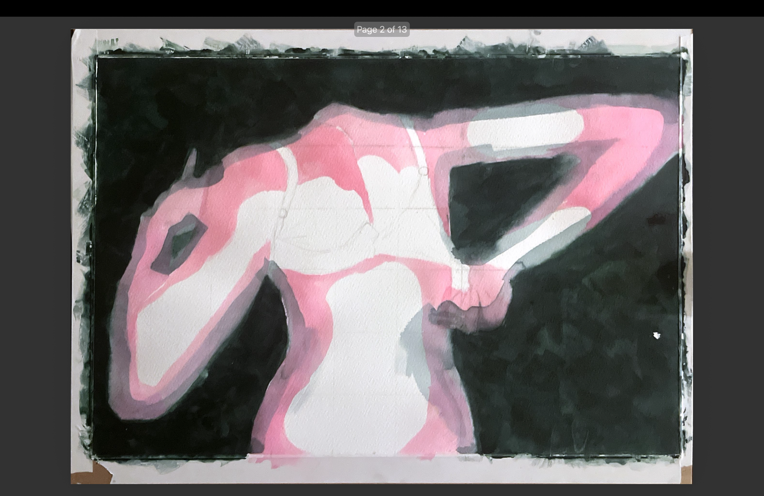 Abstract painting with black, pink, and white colors, with some pencil sketches visible underneath.