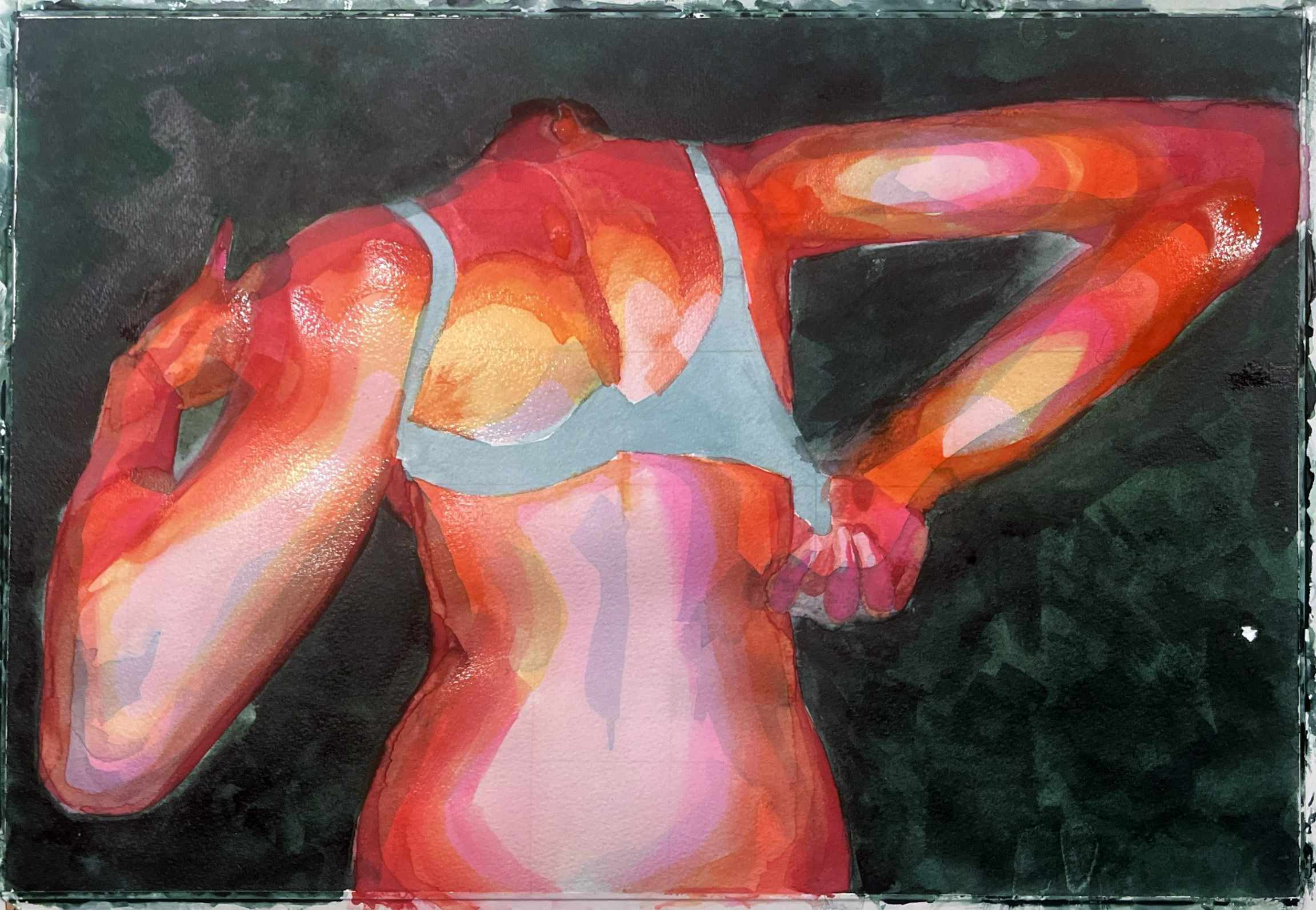 A colorful abstract painting of a woman lying down, with shades of red, orange, pink, and black.