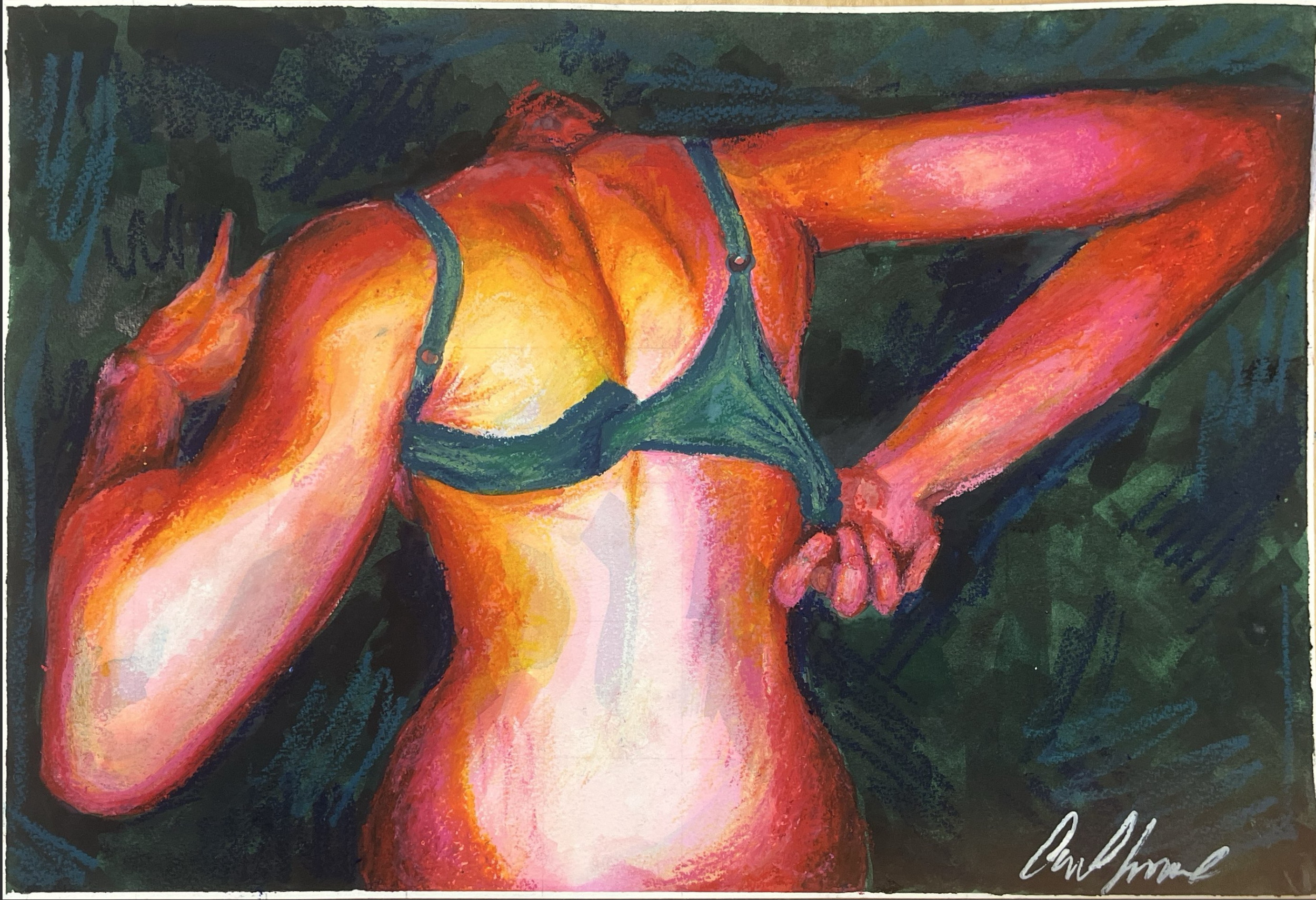 An artistic painting of a woman with an orange and yellow body, wearing a green bra and underwear, with a dark background. She is lying on her side with one arm raised above her head and the other resting on the ground.