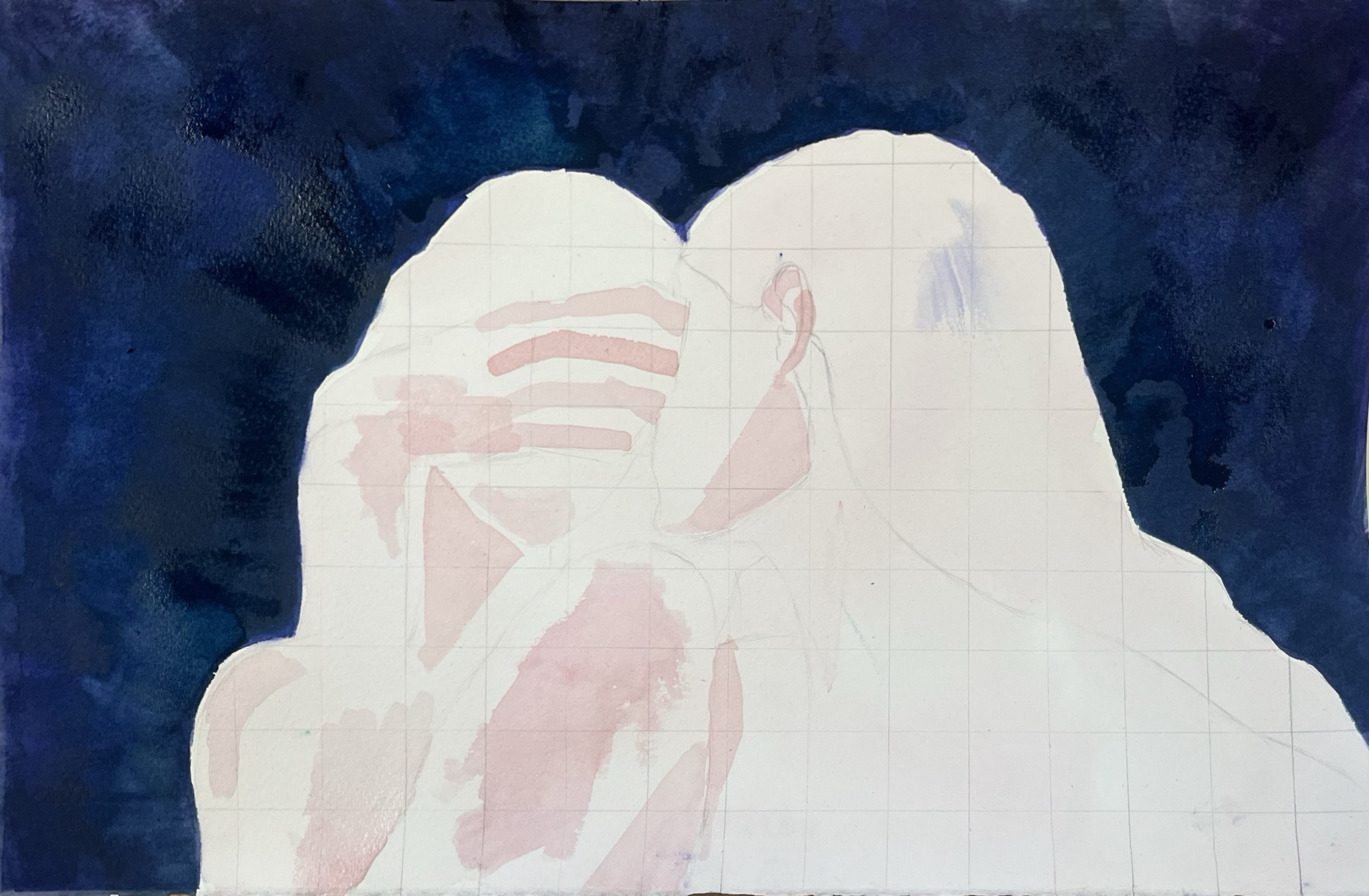 A piece of paper with an unfinished watercolor painting of a person's face, wearing a white mask with red slashes, surrounded by a dark blue background.