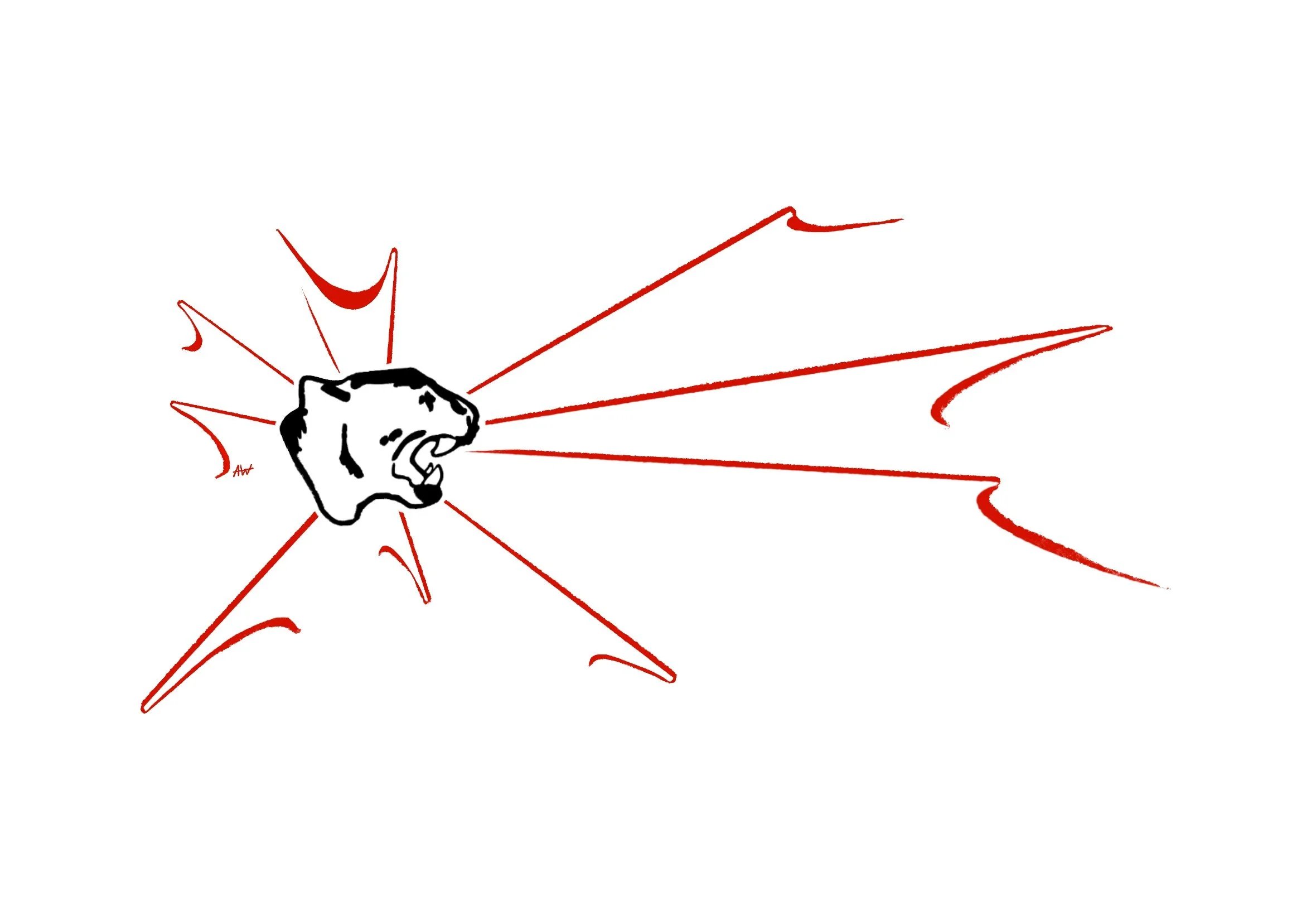 Hand-drawn illustration of an angry face with lines radiating outward, using red and black ink on a white background.