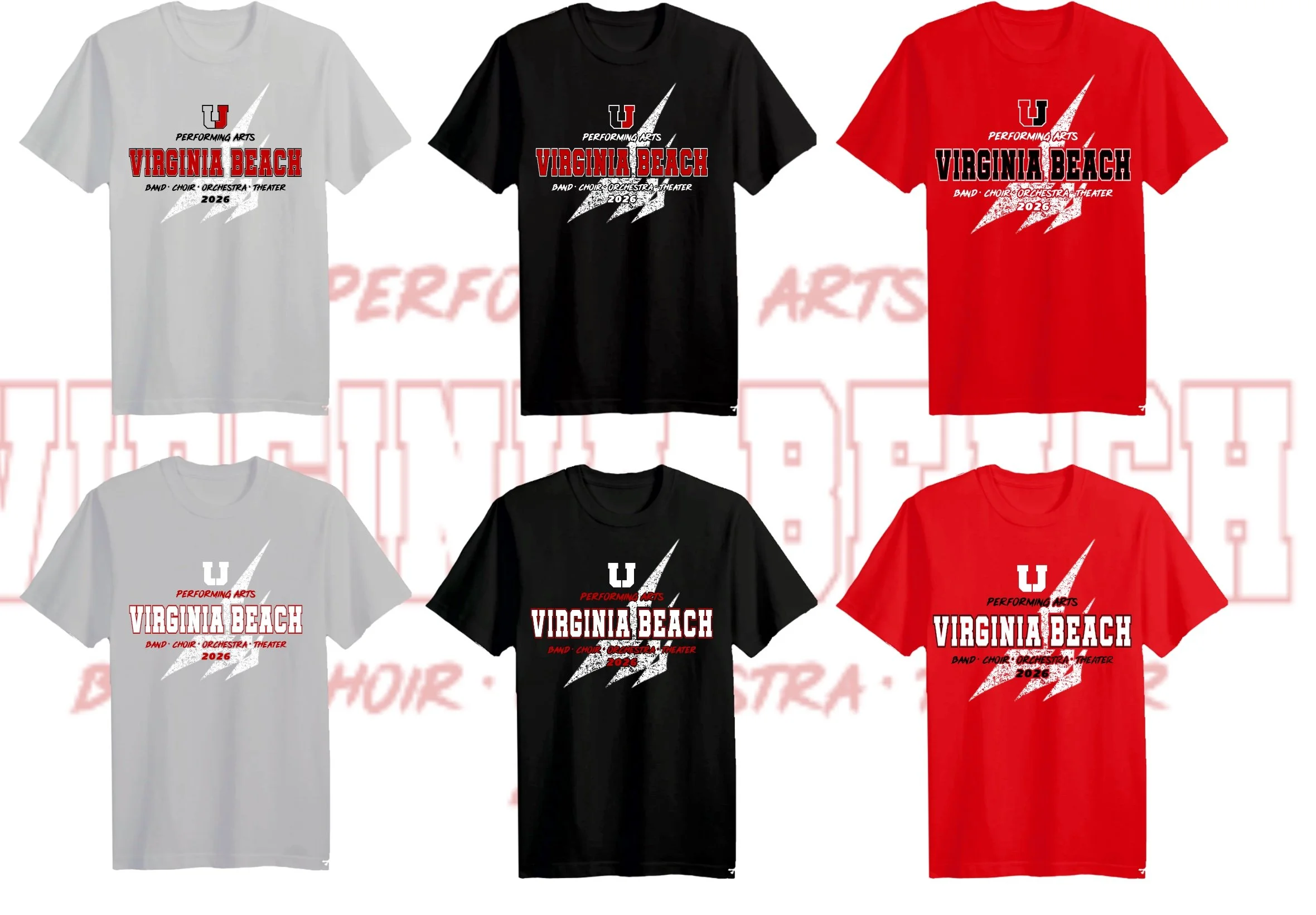 Three T-shirts in white, black, and red featuring a design for Virginia Beach performing arts, with a lightning bolt, the letter U, and text promoting a band, choir, orchestra, and theater for the year 2026.