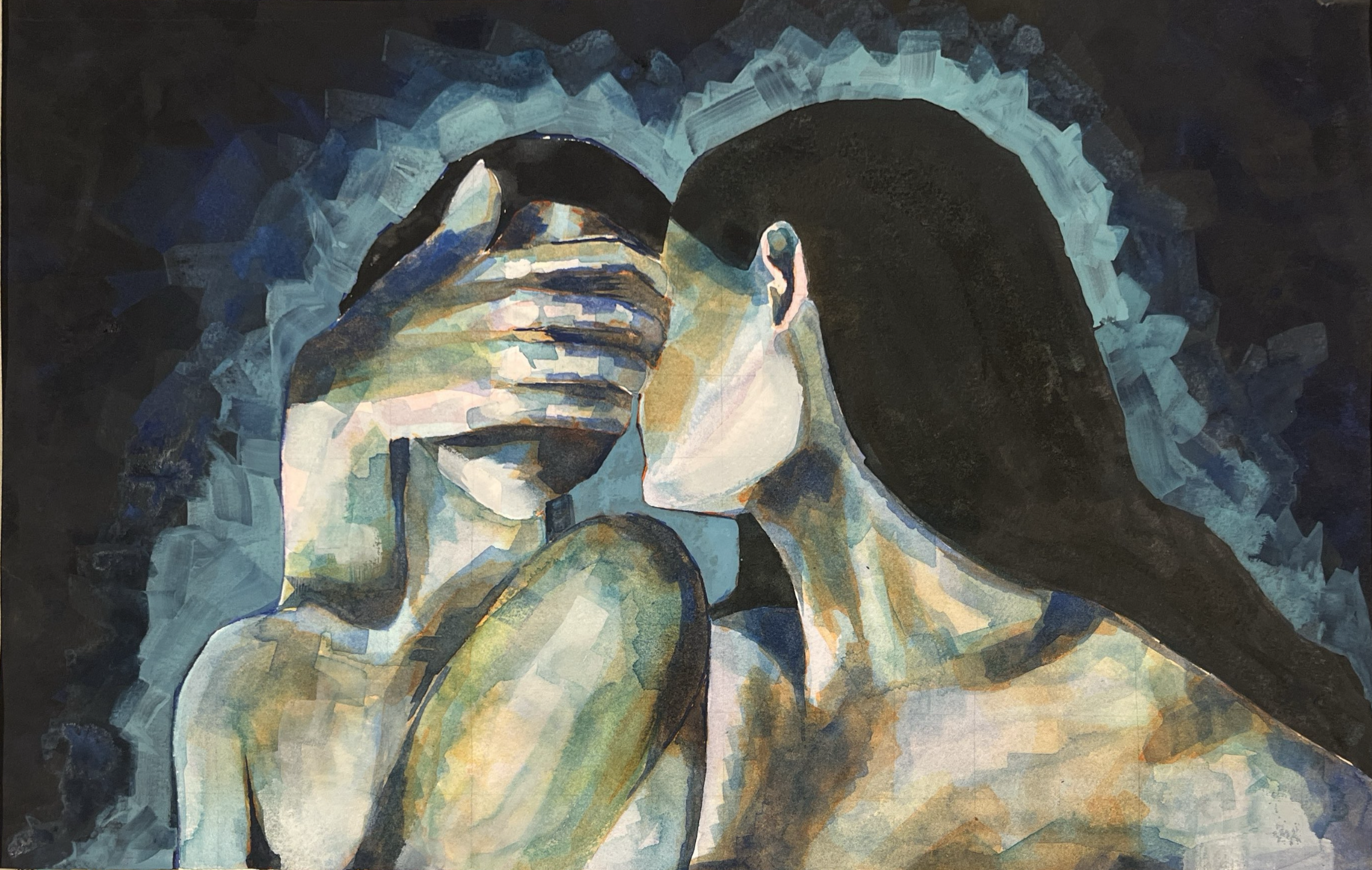 Abstract painting of a person with hand on their face, wearing glasses, with dark hair and a contemplative expression, rendered in a cubist style with bold brushstrokes and a dark background.
