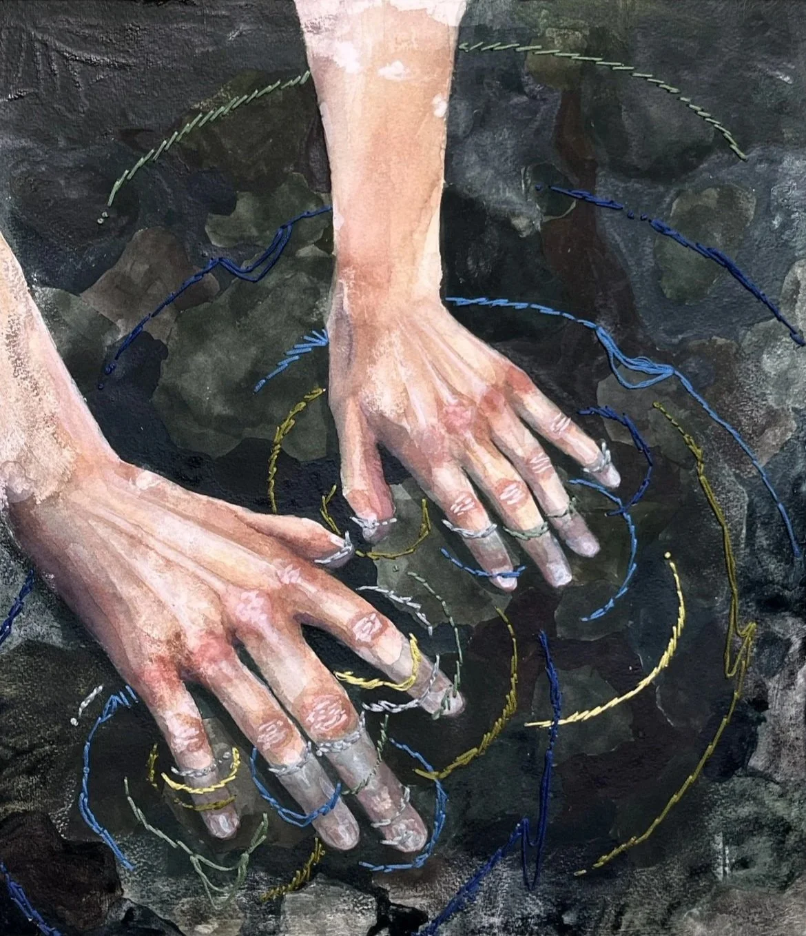 Painting of two hands submerged in water with colorful threads around the fingers.