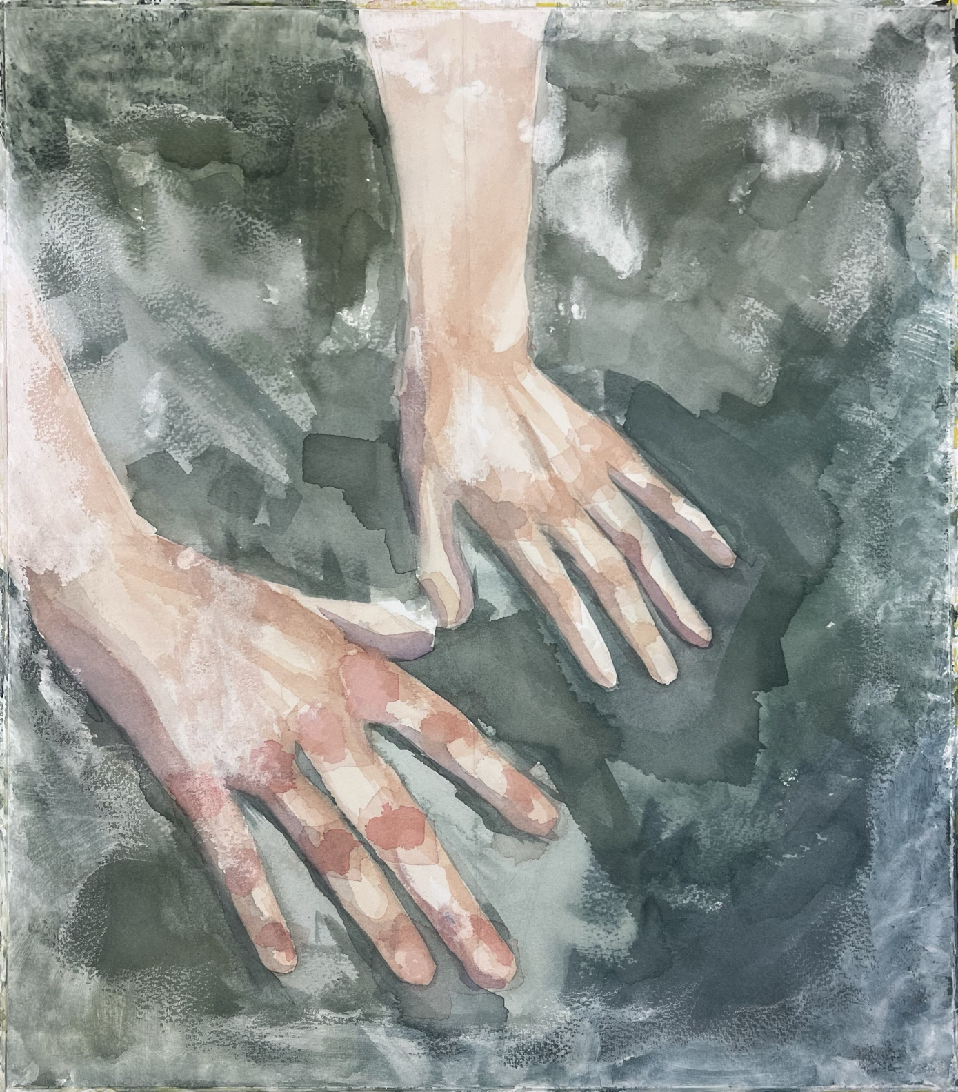 Watercolor painting of two hands, with one hand gently touching the back of the other, against a dark, textured background.