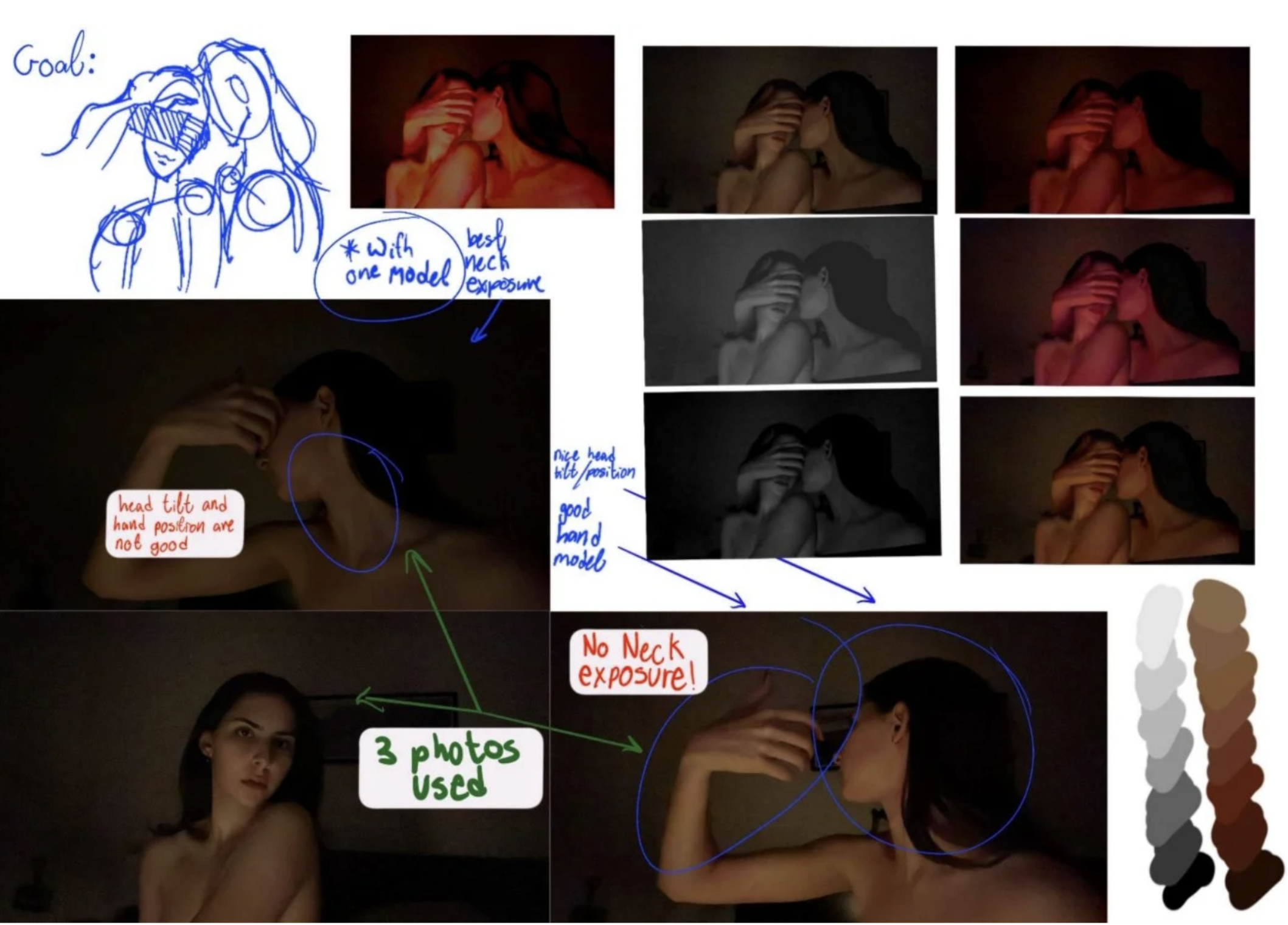 Collage illustrating different photos of two women embracing, with handwritten notes on photo quality and suggestions for improving portrait photography.