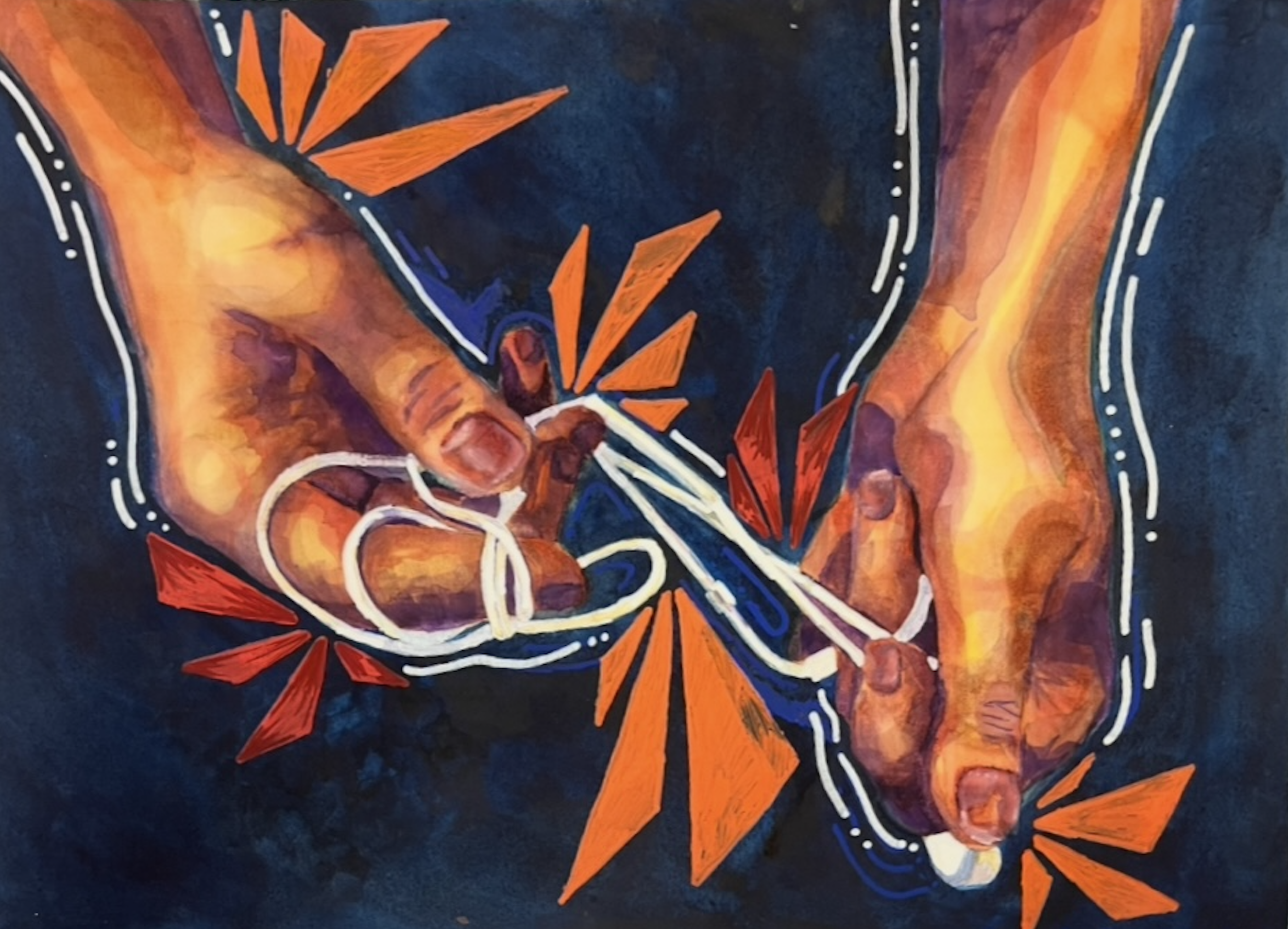 A vibrant abstract artwork featuring a human face and hands illustrated with bold orange, red, black, and white lines on a dark blue background.