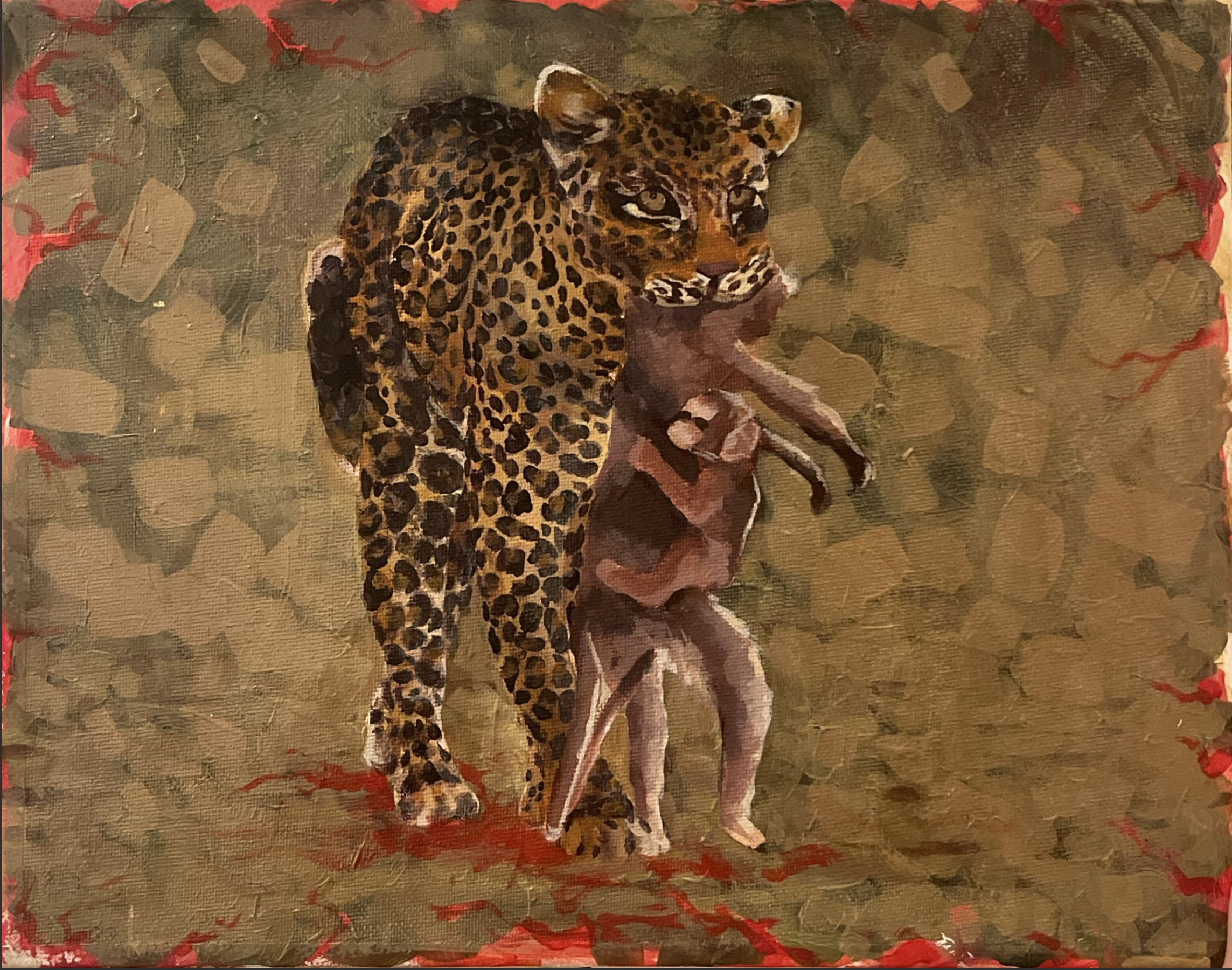 Painting of a jaguar holding a deer's carcass in its mouth, set against a background of abstract earthy tones with red accents.