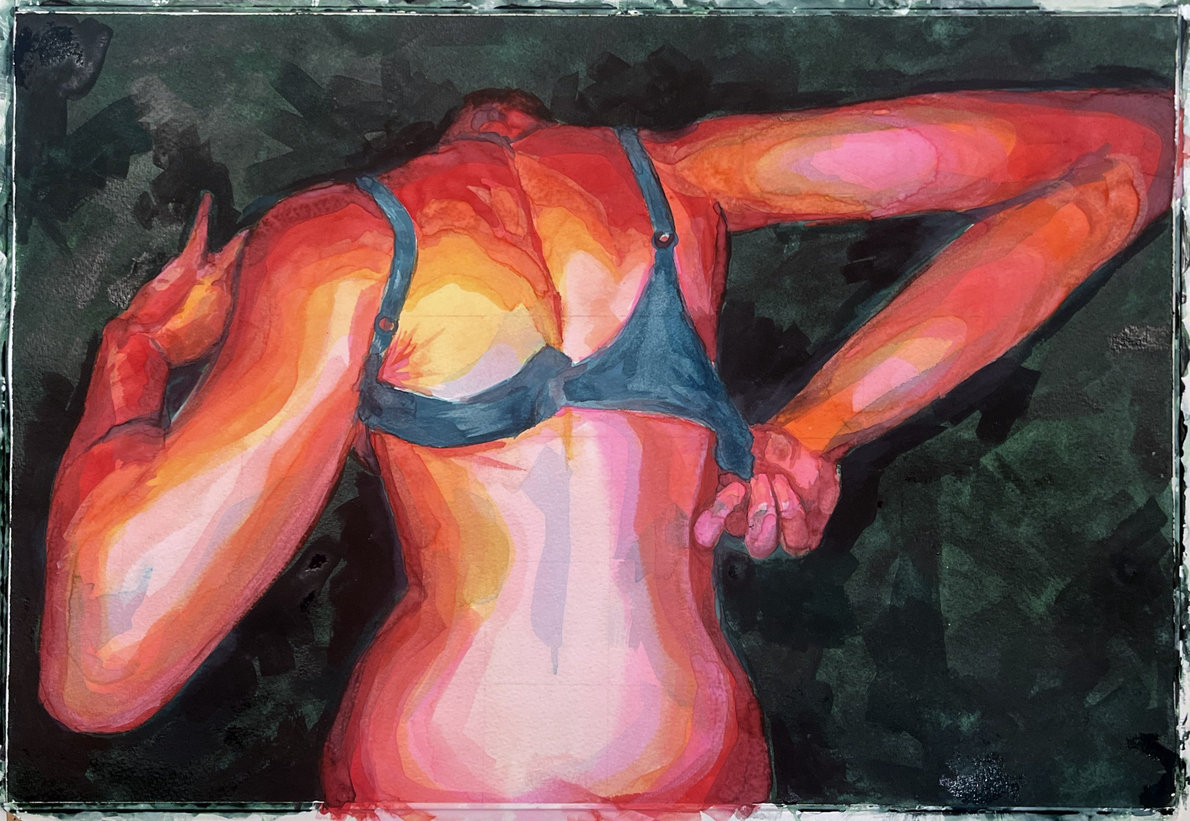 Watercolor painting of a reclining nude woman with red hair, blue suspenders, lying on her side against a dark background.