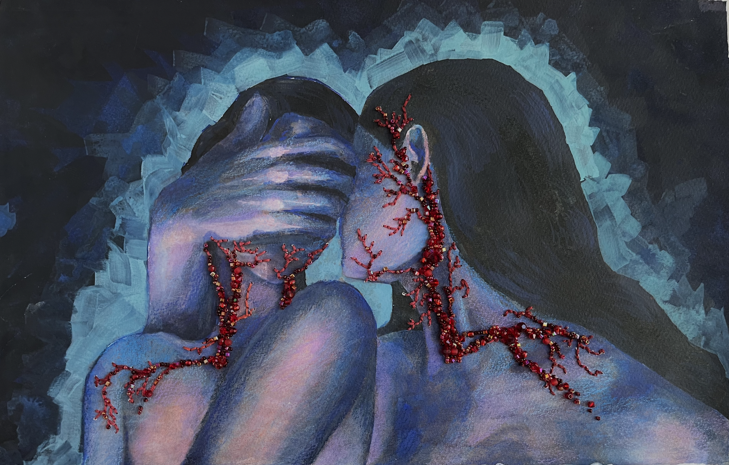 A painting of a woman with long, dark hair, shown from the back, with her head resting on her hand. She has red coral-like adornments on her neck and shoulder, and her body is painted in shades of blue, purple, and pink, creating a dreamy, abstract effect.