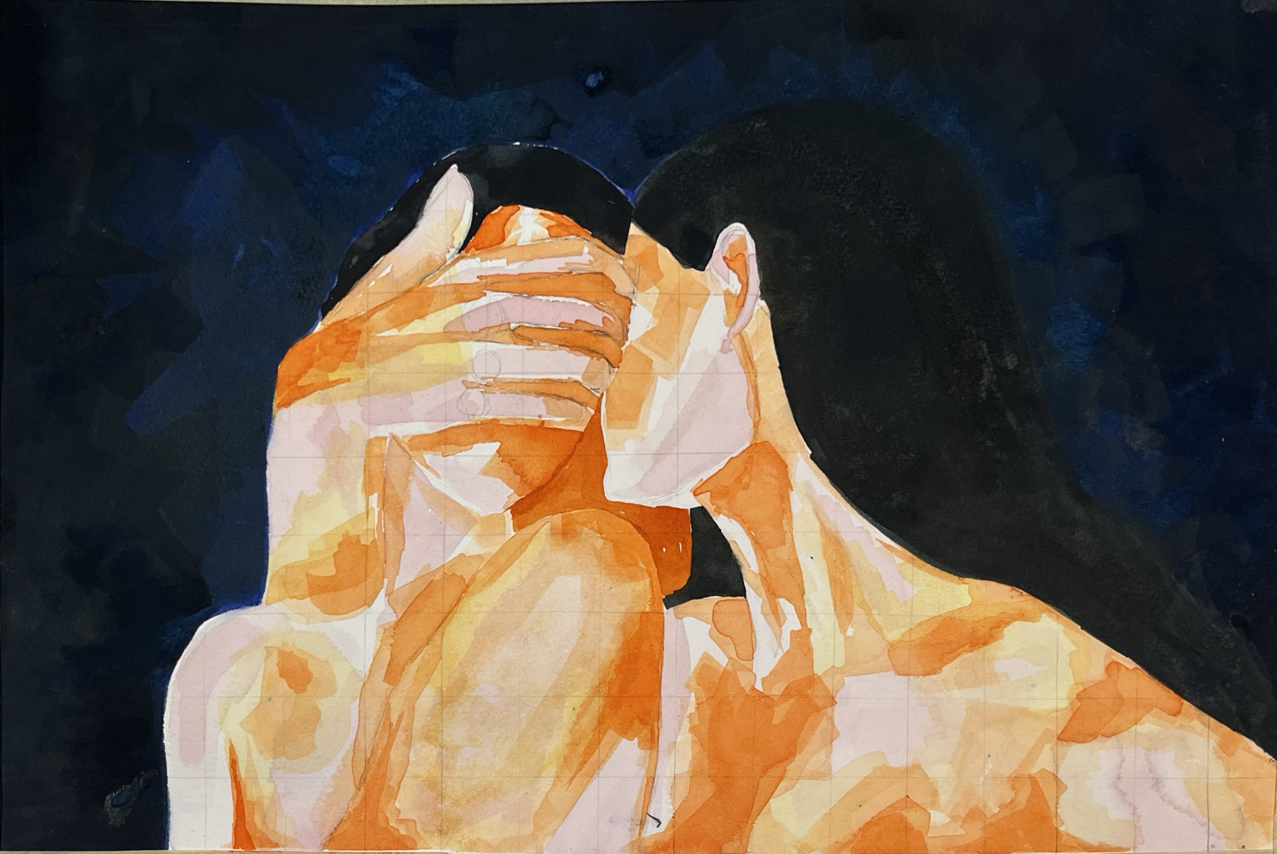 A stylized, painted portrait of a person with black hair, wearing an orange shirt, with their hand covering their mouth and nose against a dark background.