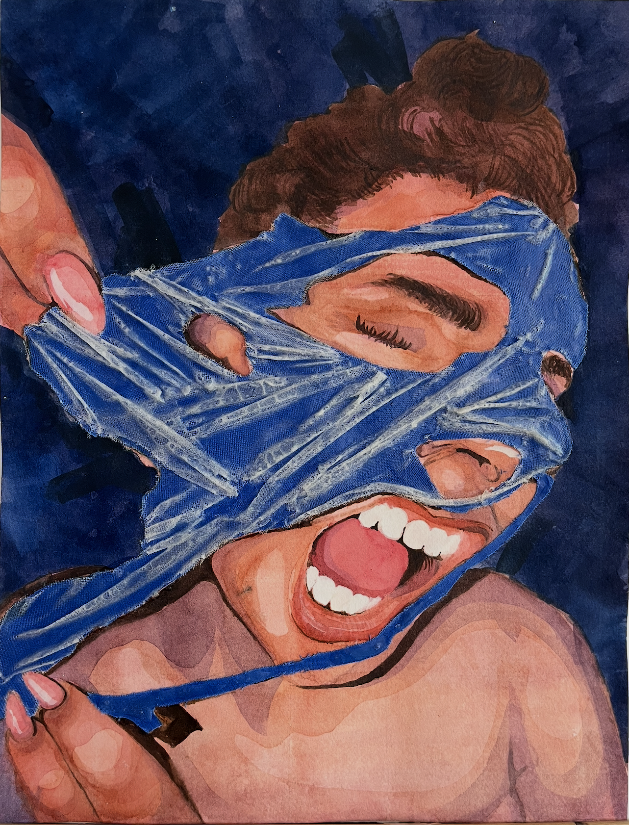 Painting of a woman with short curly hair, her eyes closed, mouth open with a smile, wrapped in a blue fabric covering her eyes and mouth, with a dark background.