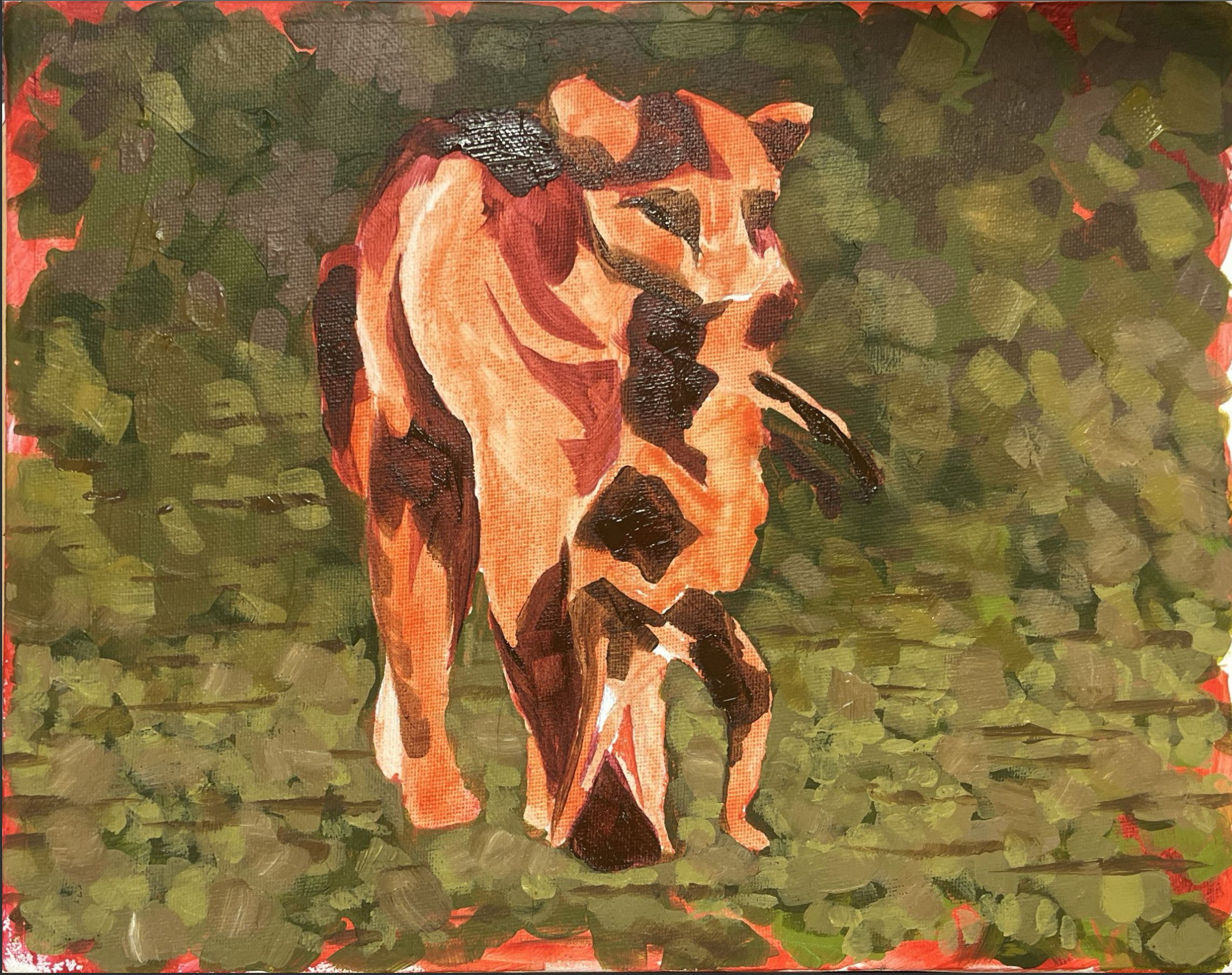 Painting of a golden retriever dog with closed eyes, surrounded by green foliage with hints of red at the corners.