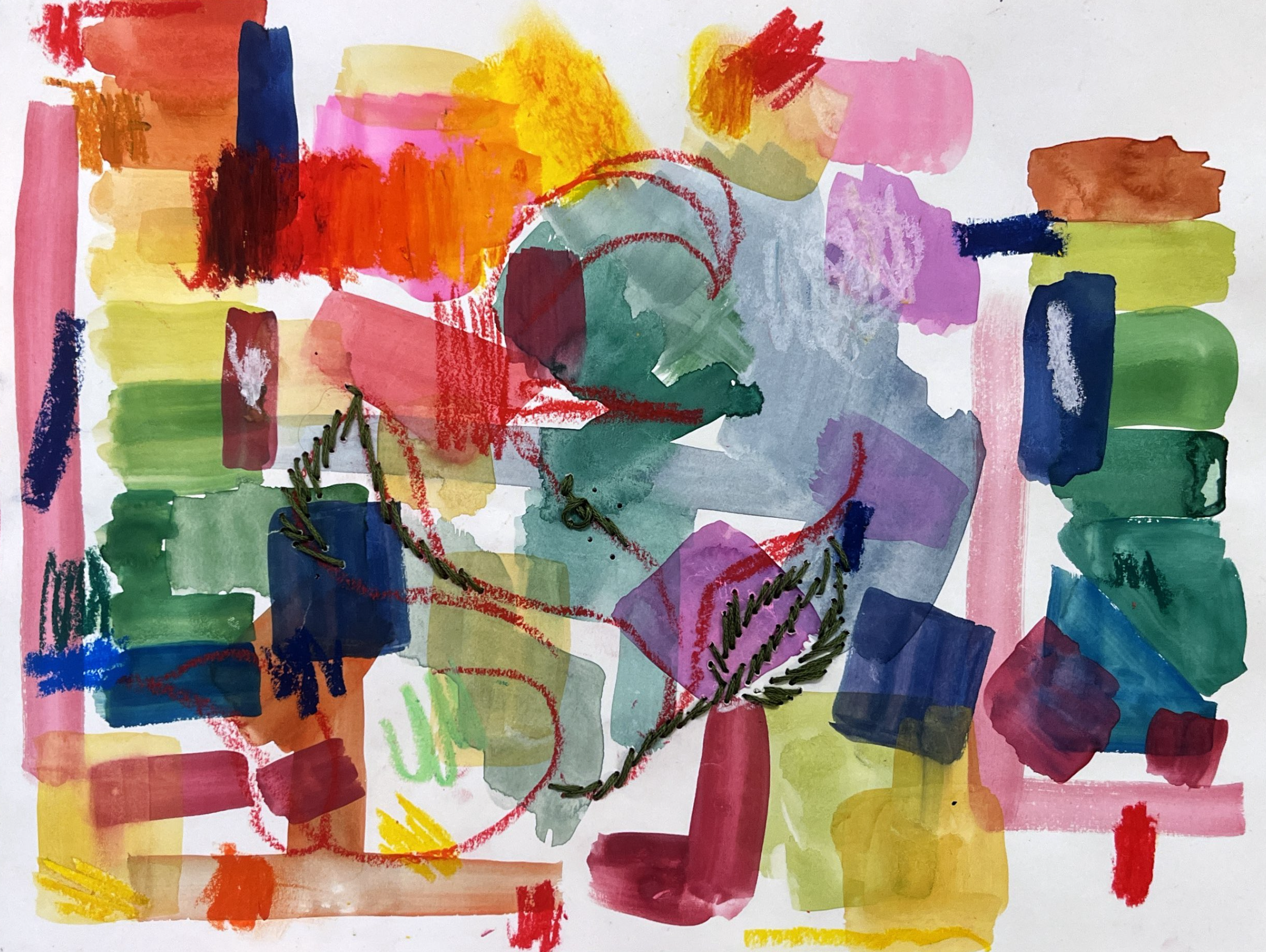 Colorful abstract painting with various brush strokes and shapes in pink, green, blue, orange, red, yellow, and purple, with some black accents.