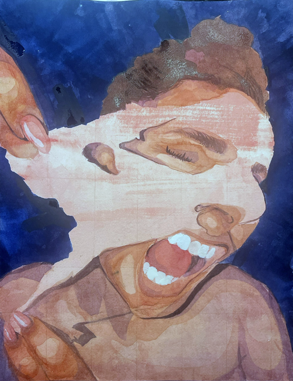 A watercolor painting of a woman with brown hair, laughing or screaming with her eyes closed and mouth open, on a dark blue background.