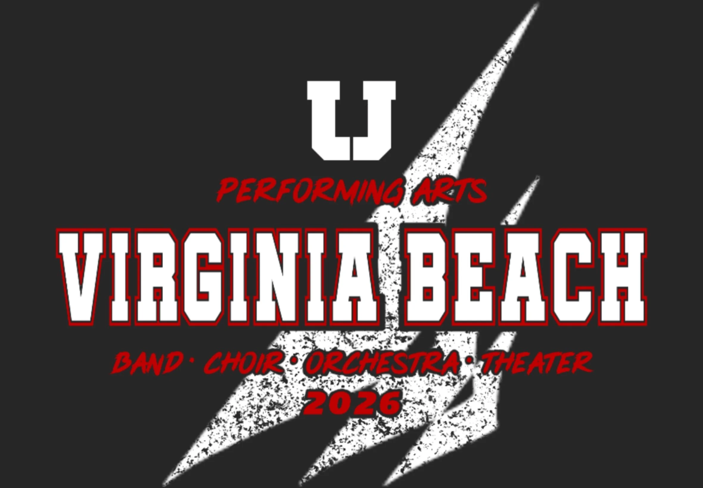 Poster for Illinois Valley Performing Arts 2026 event with a black background, distressed white claw marks, and red and white text announcing bands, choir, orchestra, and theater.