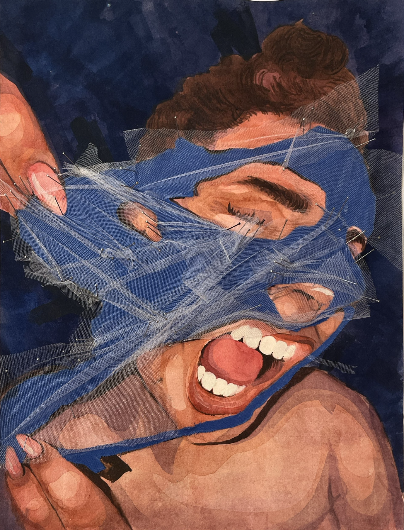 A painting of a joyful woman with brown hair, wearing a blue headscarf, smiling broadly with her eyes closed, with a sheer white fabric over her face.