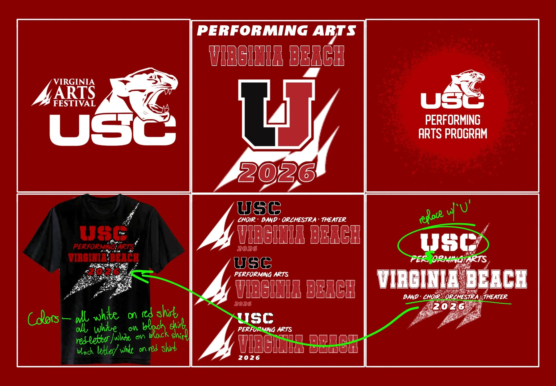 A collage of promotional designs for the Virginia Beach Performing Arts Festival, featuring logos of USC and Virginia Beach, with various text styles and colors, including red, white, black, and green, on a red background.