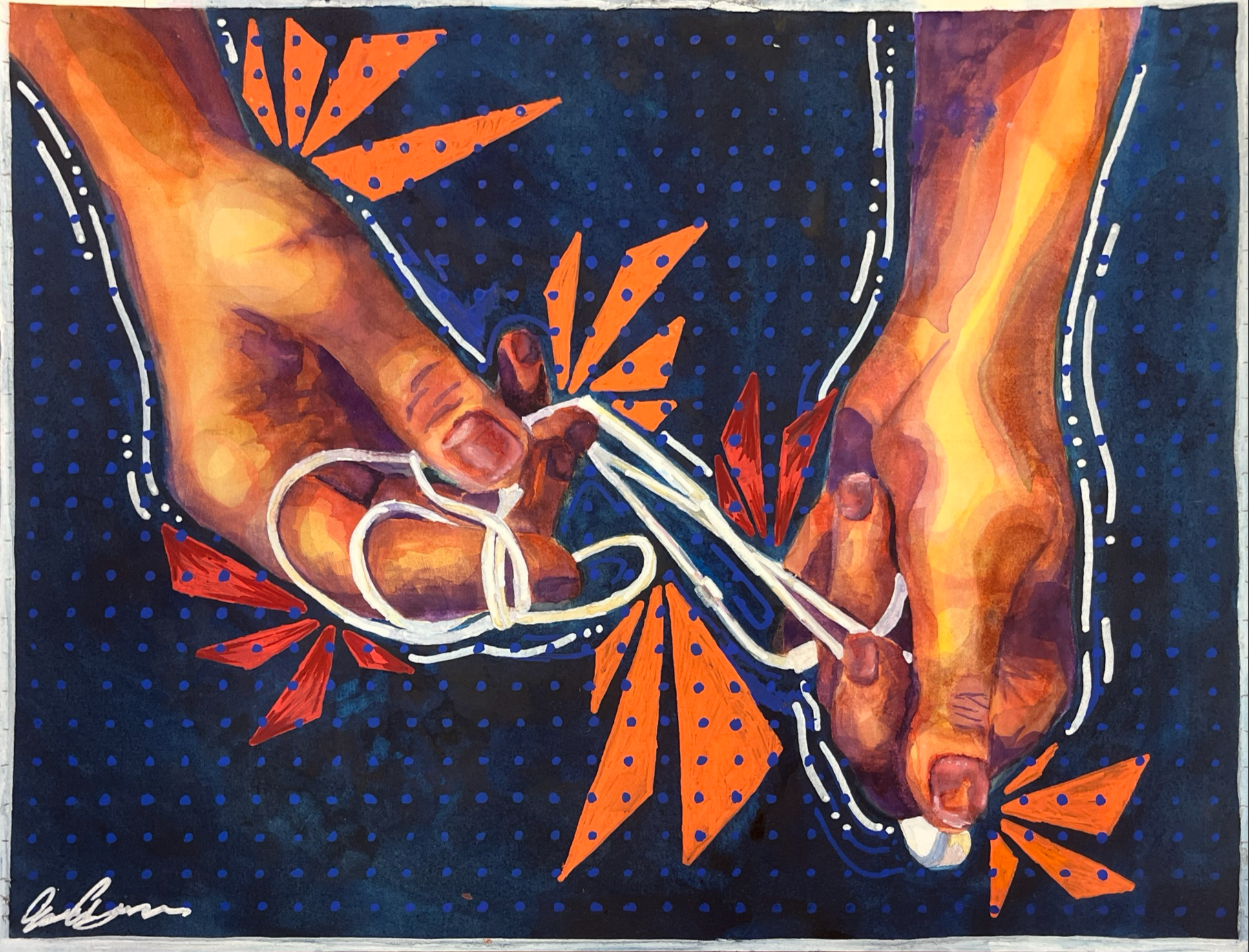 An abstract painting of two human arms and hands tying a white string, surrounded by orange geometric shapes and a dark blue background with small blue dots.