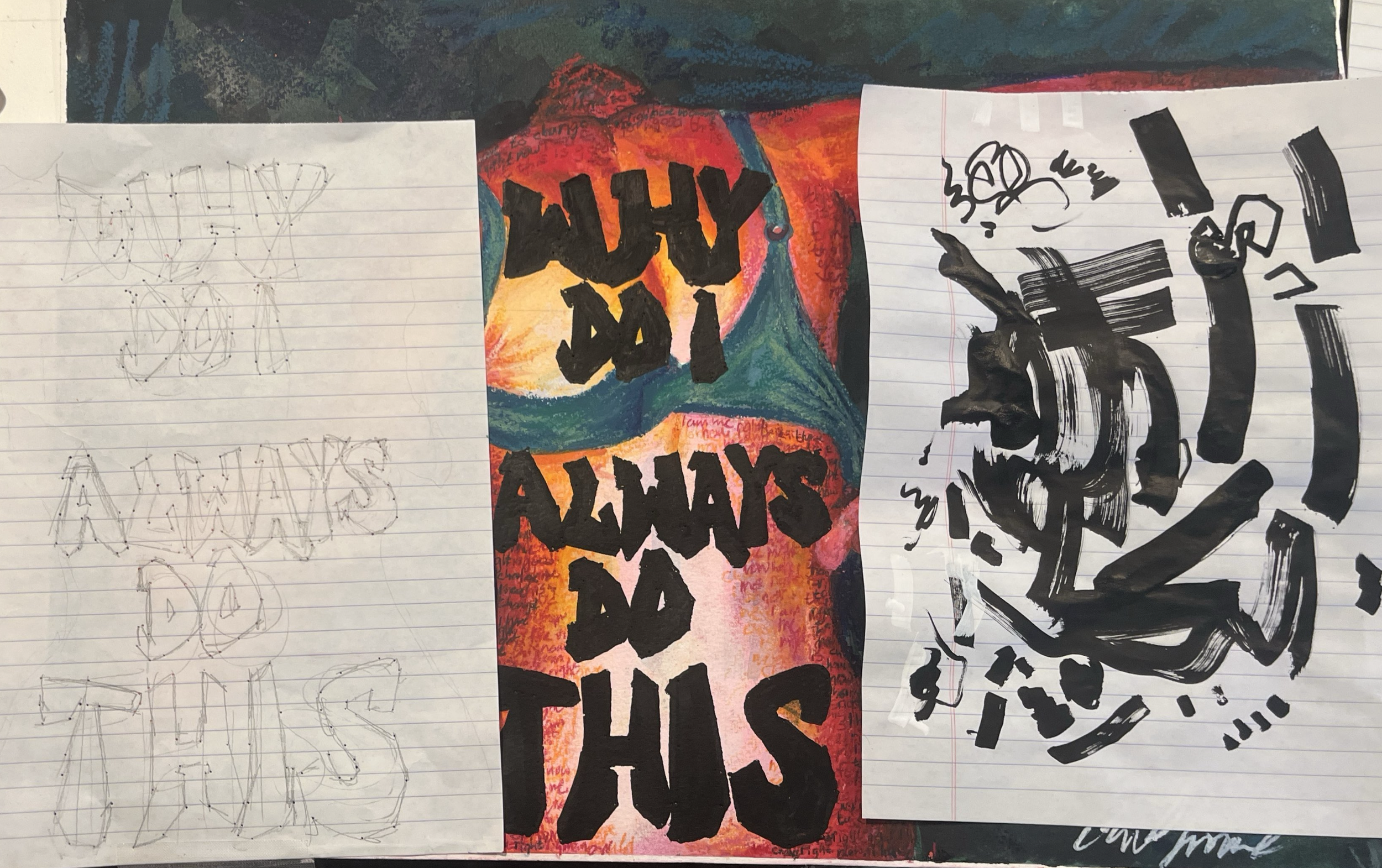 Handwritten notes on notebooks, with a colorful abstract artwork in the center featuring bold black text elements and red accents.