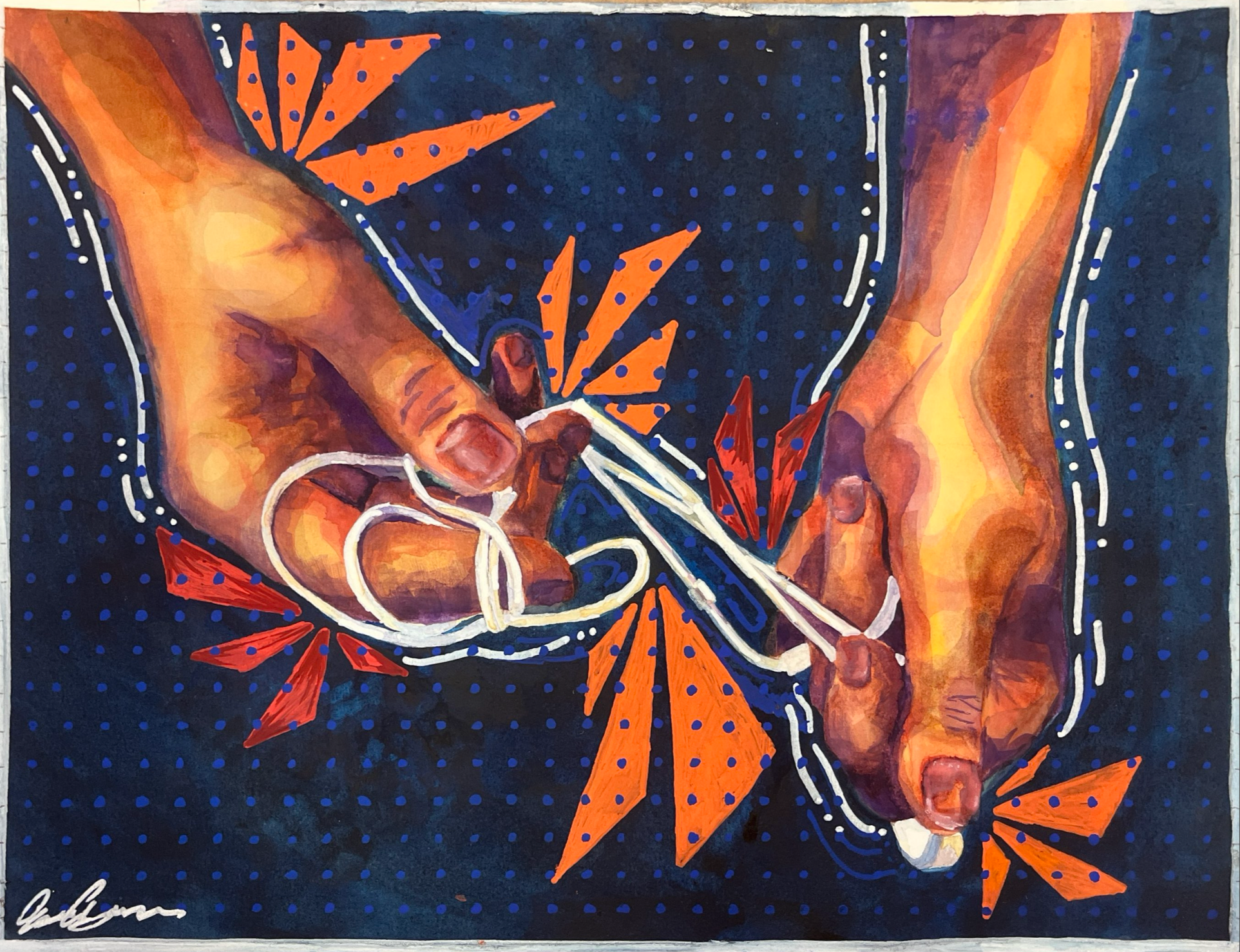 A colorful abstract painting depicting two arms with hands holding a sewing needle and thread. The background is dark blue with blue dots and orange geometric shapes, with white and orange accents highlighting the figures.