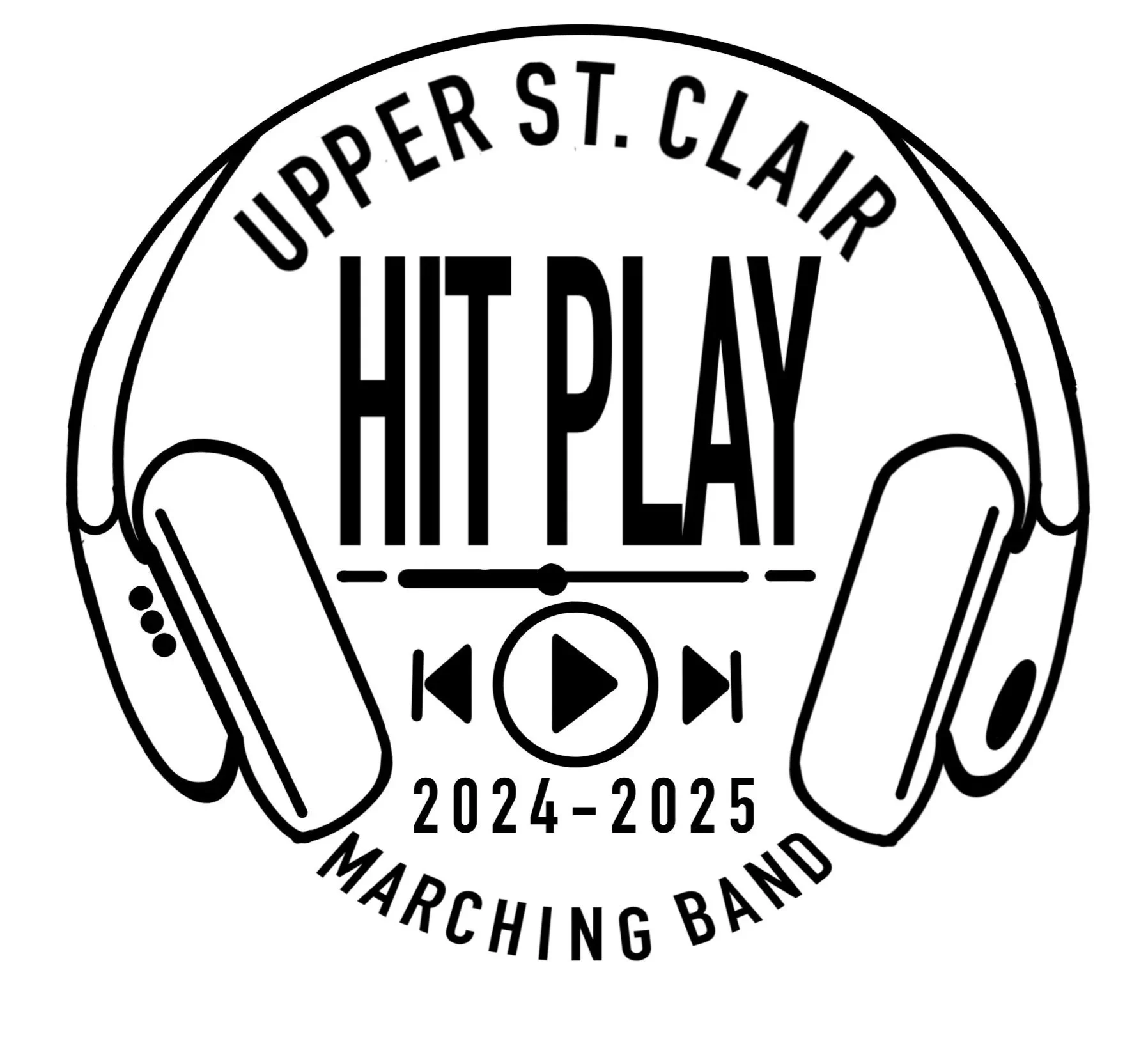 A circular logo with a smartwatch illustration. Inside the circle, there is text that says 'Upper St. Clair' at the top, 'Marching Band' at the bottom, and in the center, the word 'HITPLAY' with icons for play, pause, and forward below it. Beneath the icons, there is a date range: '2024-2025'.