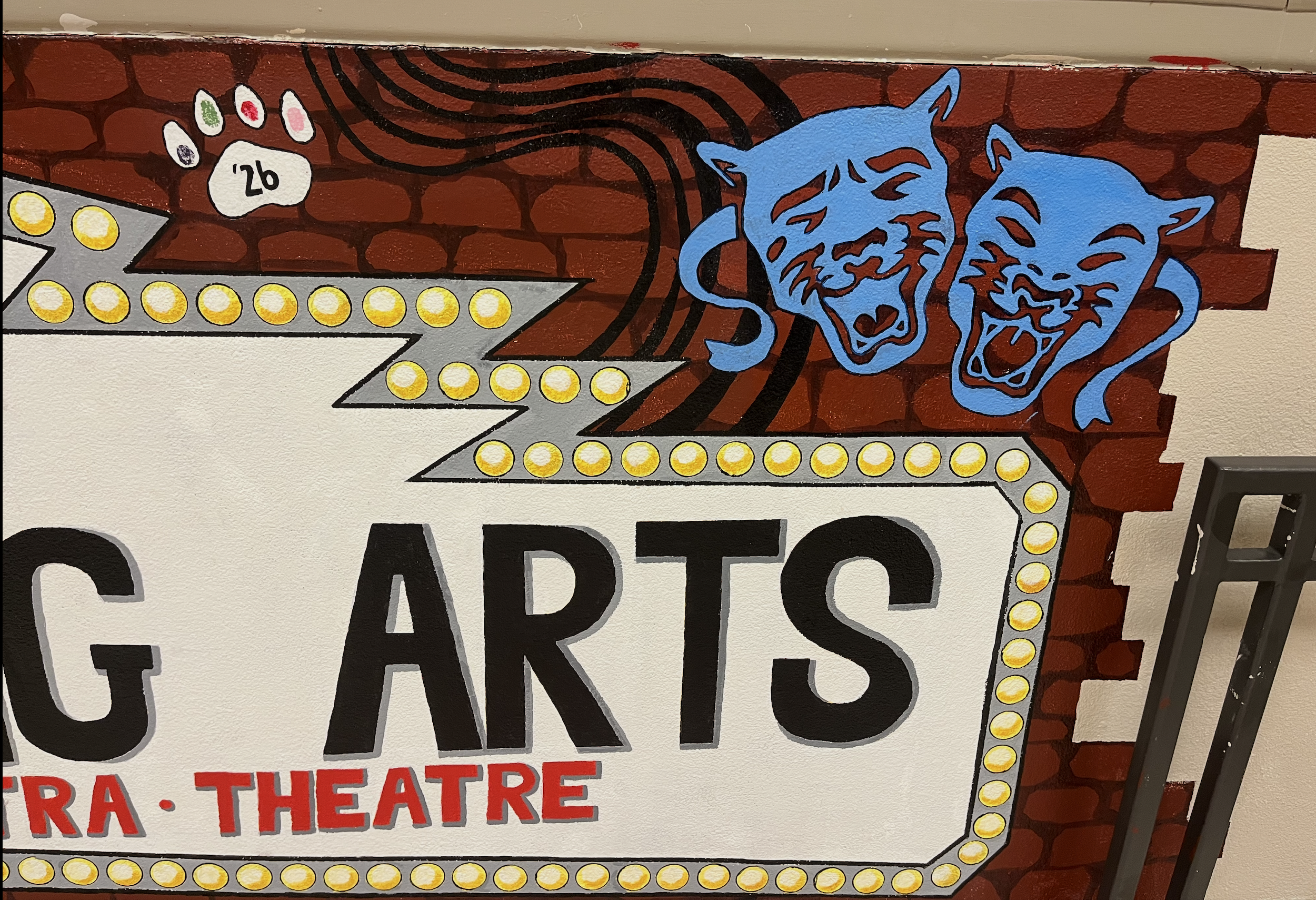 A colorful mural featuring two blue panther heads, a red brick pattern background, and a white border with yellow lights. The mural also includes the partial text 'GARTS' and some smaller text in red.