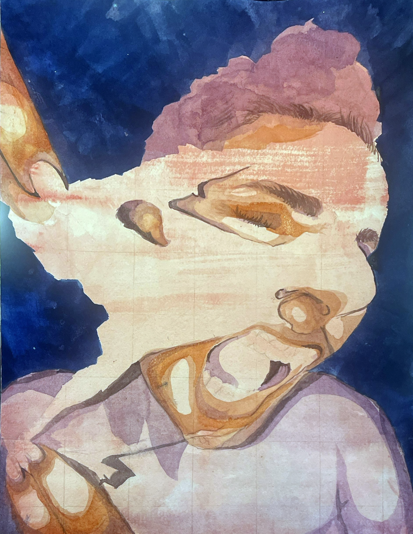 A watercolor-style painting of a woman with closed eyes, her hand resting on her forehead, and her hair tied up in a bun. The background is dark blue.