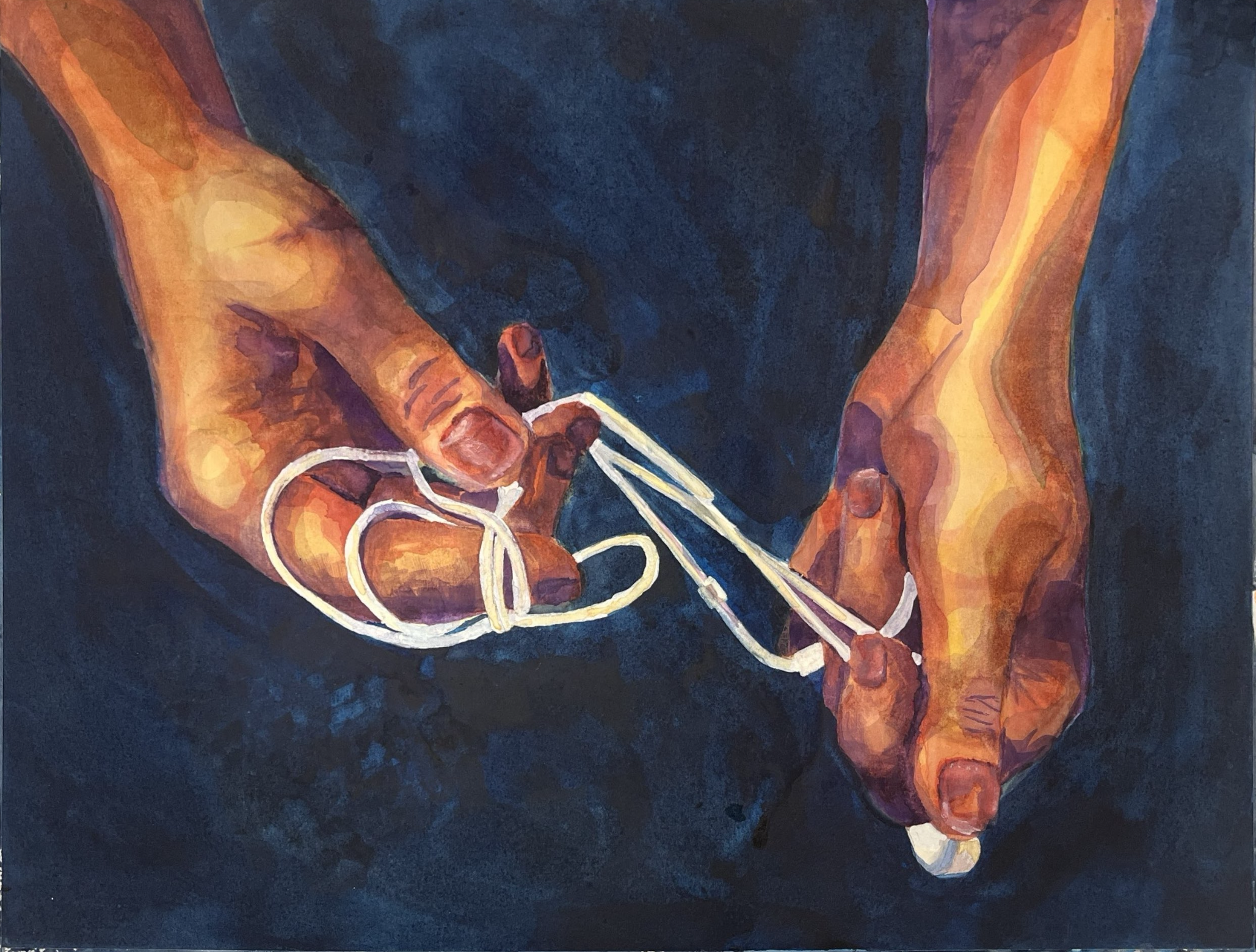 Close-up of a painting showing a person with dark hair, holding a white cord or string with both hands, set against a dark blue or navy background.