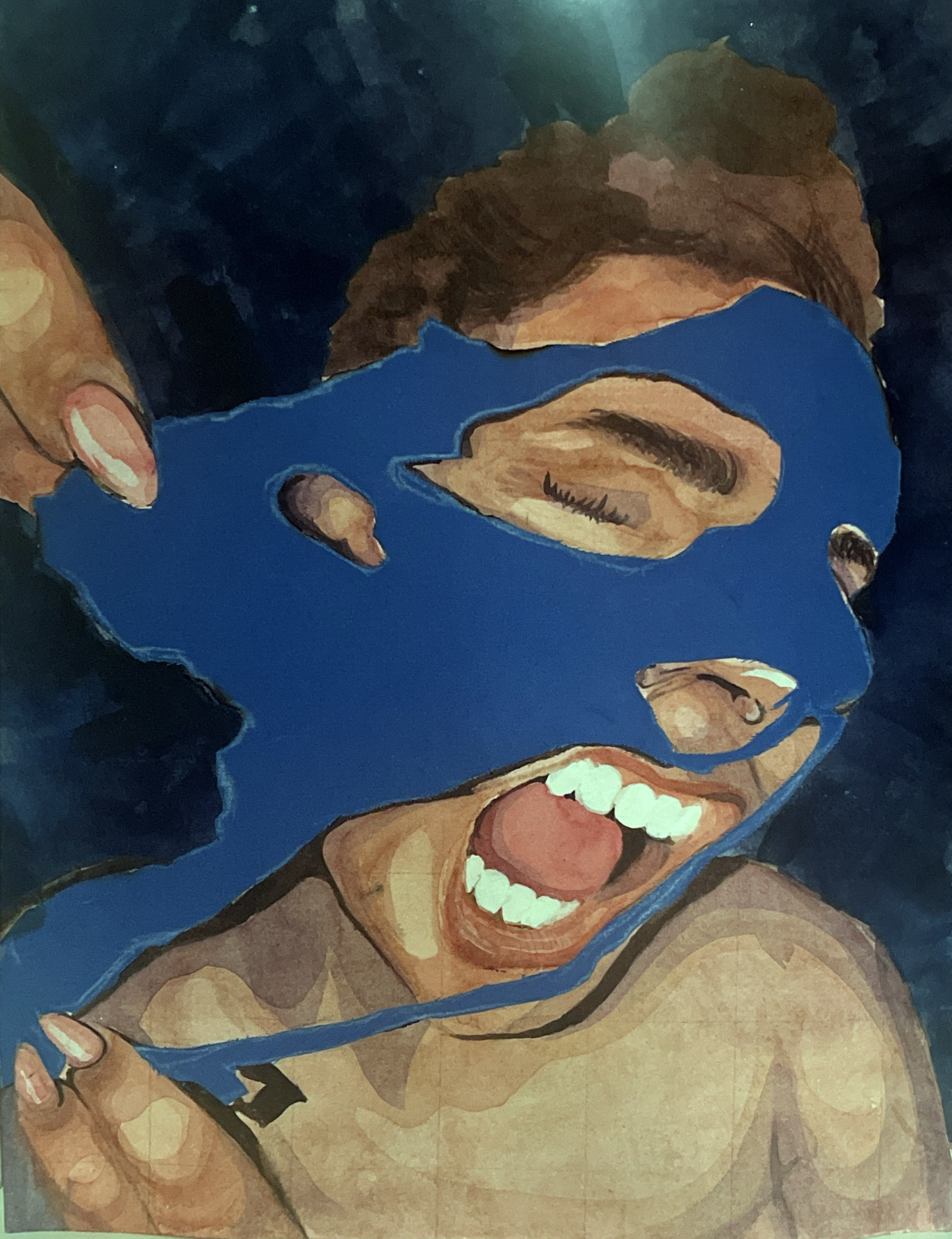 A watercolor painting of a woman with a wide, joyful smile, holding a blue mask to her face. The woman has long dark hair and is depicted in a moment of happiness.