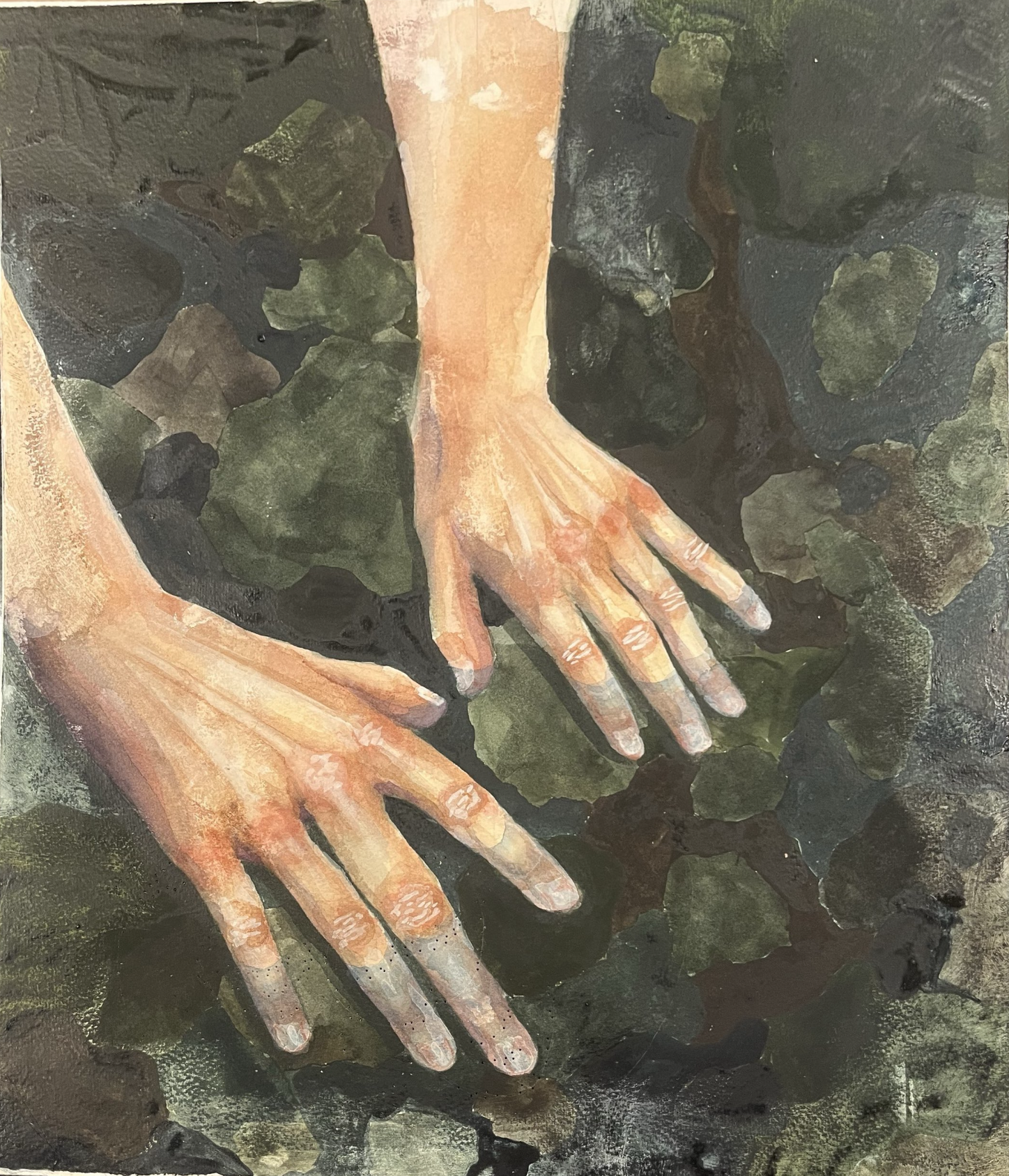 Painting of two hands reaching toward each other, with a dark, textured background.