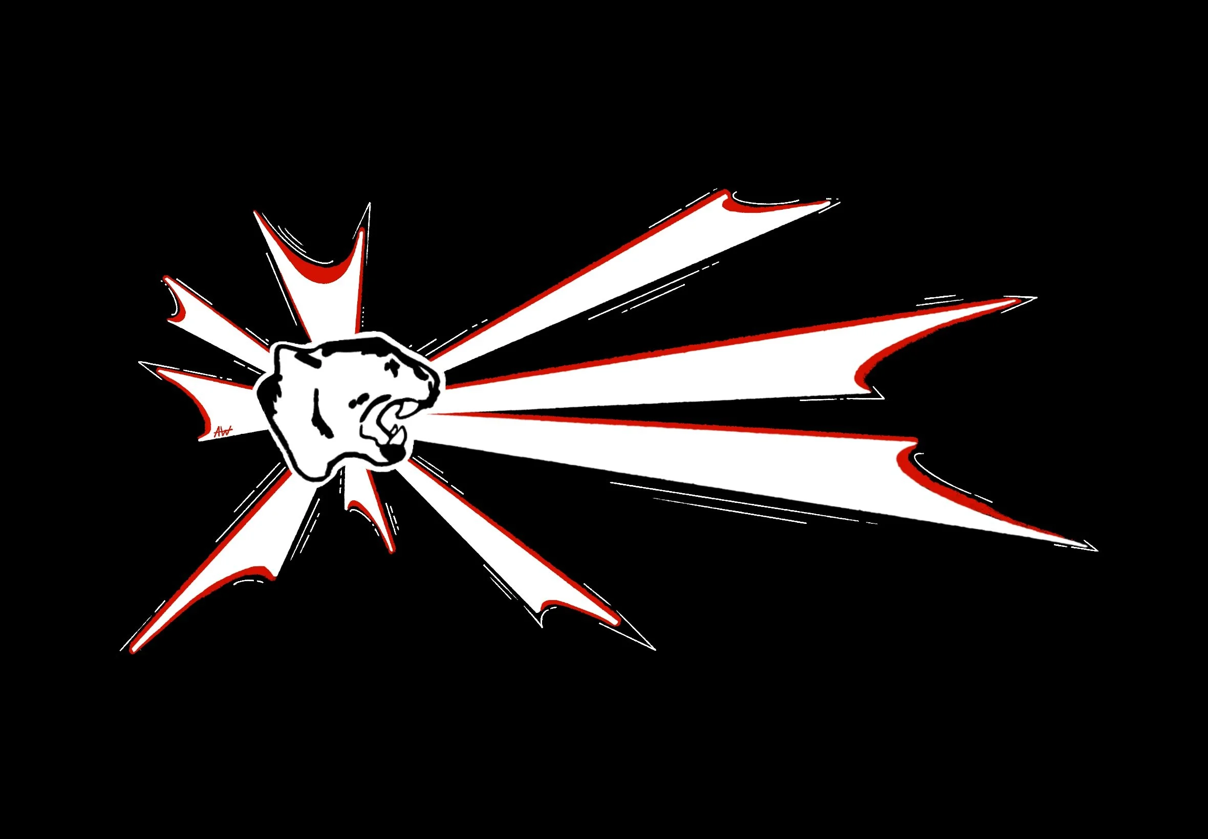 A black background with a stylized white fist punch breaking through, with red and white jagged lines radiating outward.
