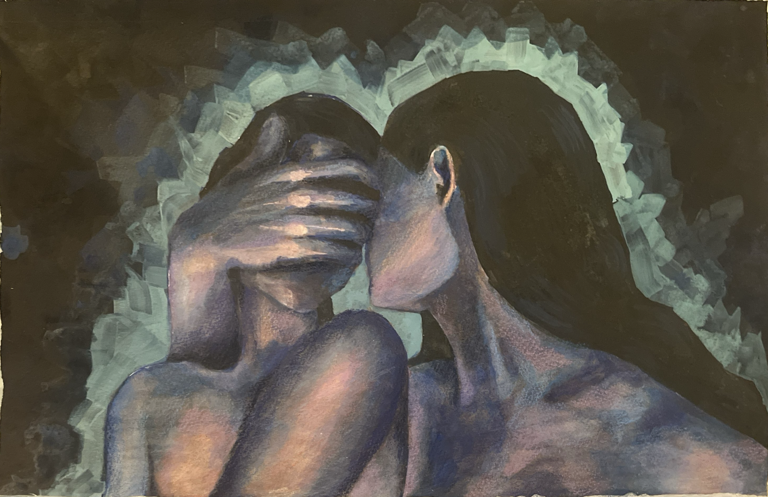 Abstract portrait of a woman with long dark hair, with her head resting on her knees, painted in a loose, expressive style with dark background.