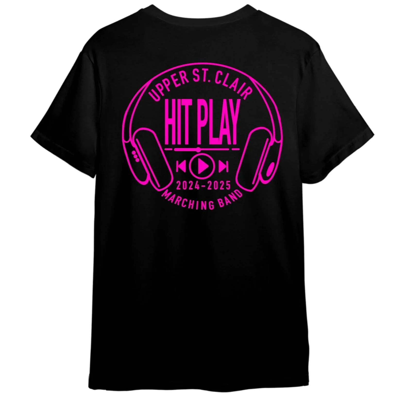 Black T-shirt with pink graphic design promoting Upper St. Clair marching band's 2024-2025 season, featuring headphones and a play button.