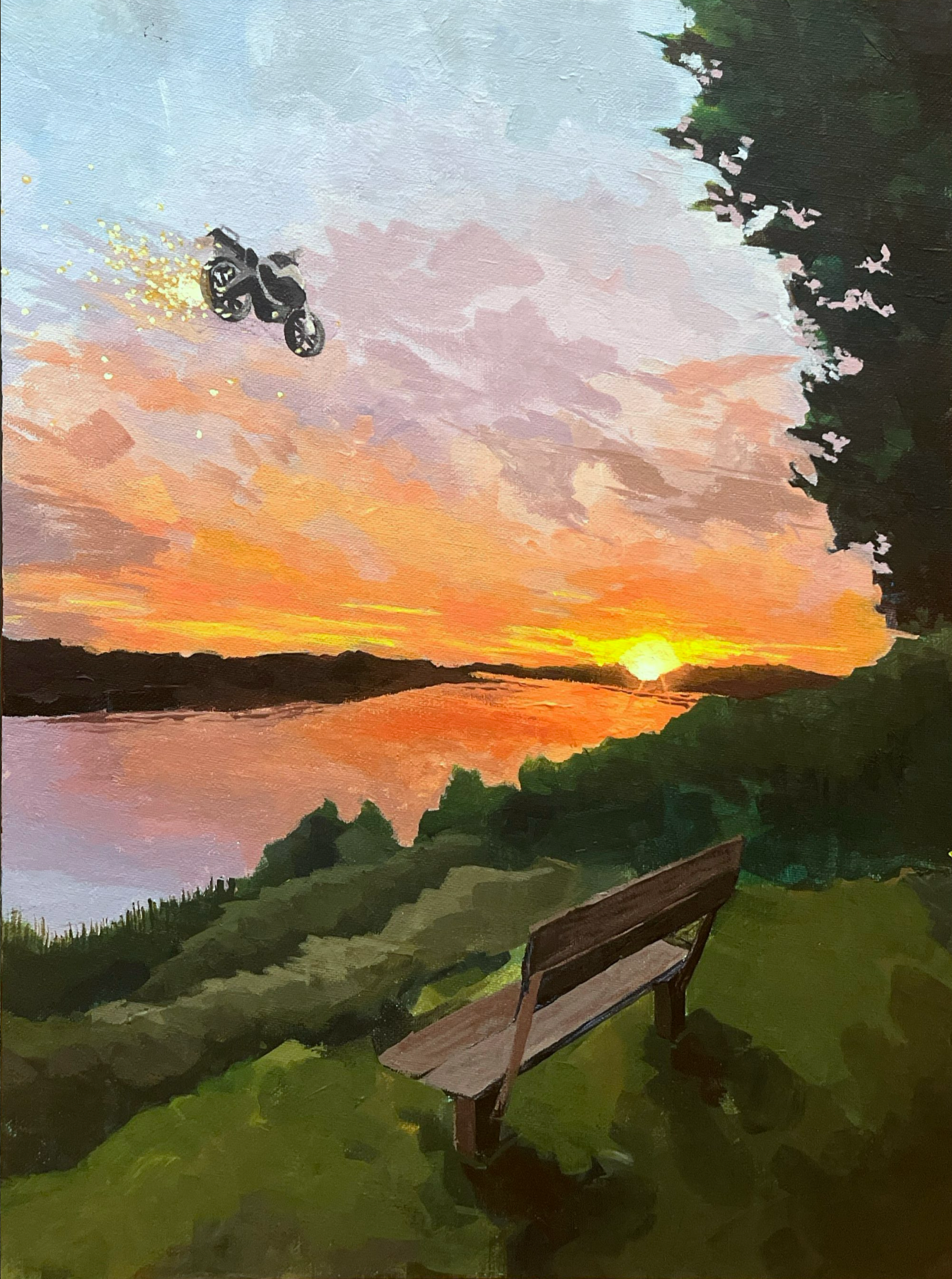 Painting of a sunset over a river with a bench in the foreground and trees on the right side.
