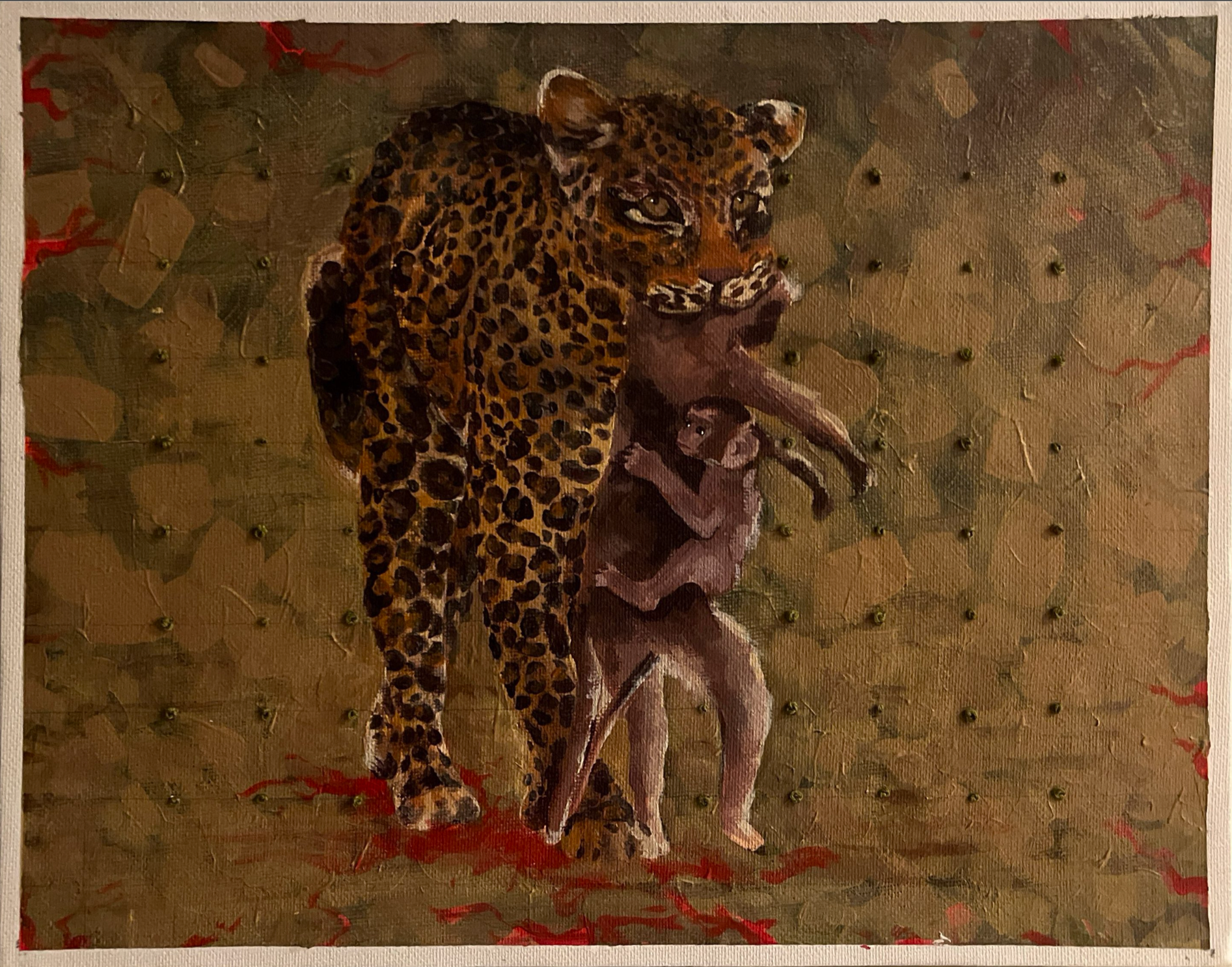 Painting of a jaguar holding a woman by her legs, with blood splatters on the canvas, set against a golden, textured background.