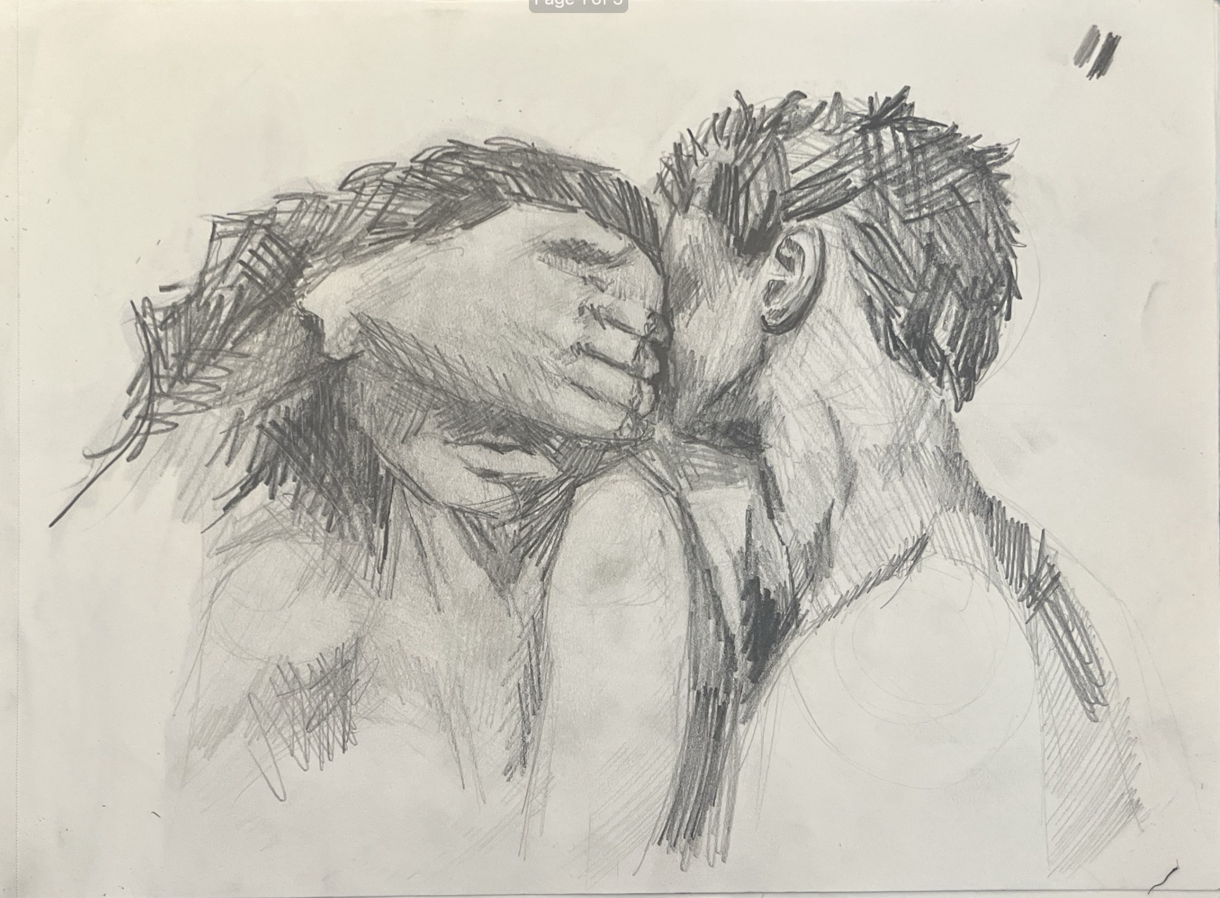 A detailed pencil sketch of a couple sharing a kiss, with the woman on the left and the man on the right. The woman's eyes are closed, and the man has spiky hair and a beard.