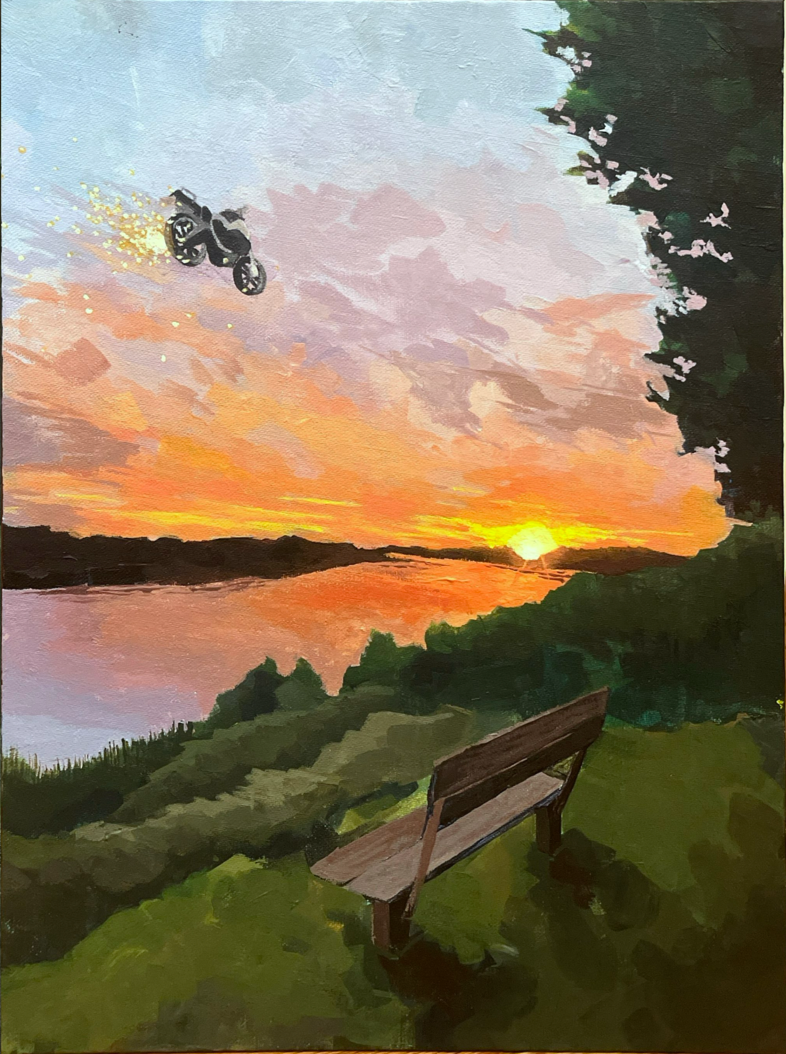 A painting of a sunset over a river, with a motorcycle flying through the sky and leaving a trail of sparks, an empty wooden bench on green grass, and trees on the right side.