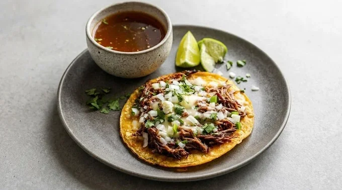 Taco on a gray plate with lime wedges, shredded beef topped with chopped onions and cilantro, and a small bowl of dark sauce.