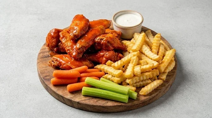 Buffalo chicken wings with crinkle-cut French fries, carrot and celery sticks, and a side of ranch dipping sauce on a round wooden platter.