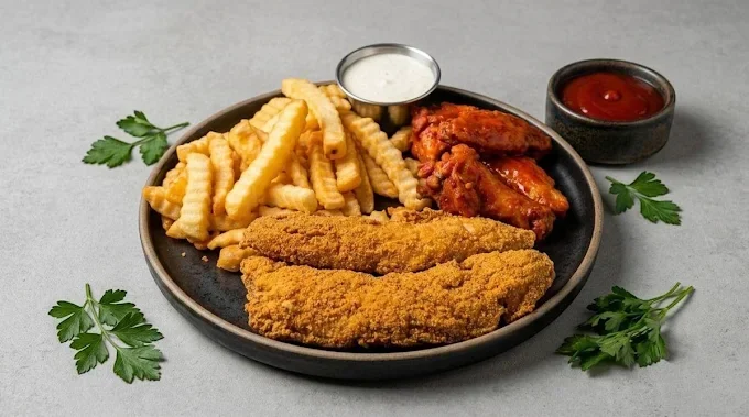 A plate of crispy fried fish fillets with crinkle-cut French fries, served with two types of dipping sauces, surrounded by parsley garnish.