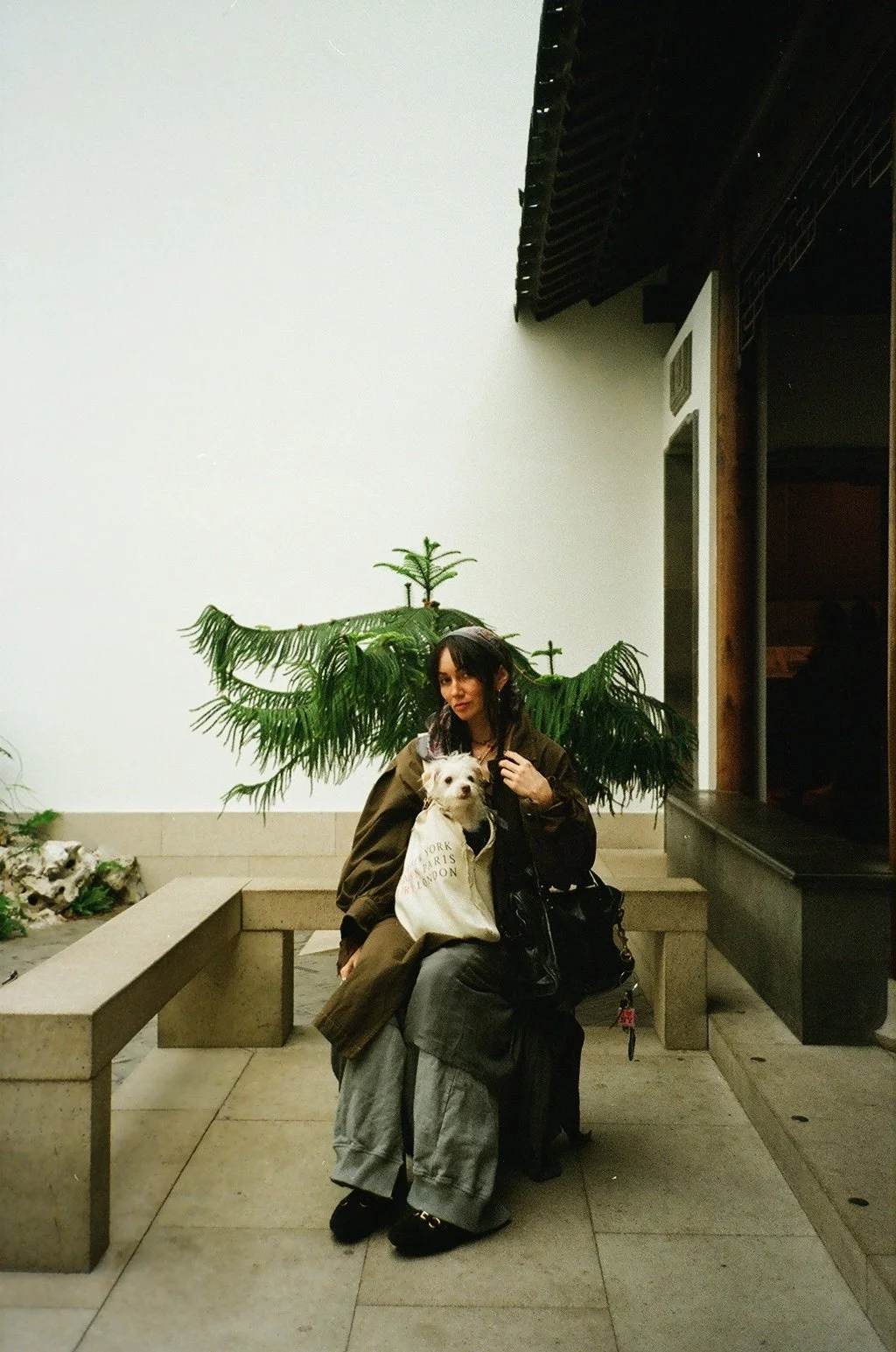 A woman with dark hair and makeup, wearing baggy gray pants, a brown jacket, and earrings, sitting on a concrete bench holding a small white dog in her lap. There is a beige bag with text, and a black bag beside her. She is outdoors in front of a white wall with green fern-like plants, and a dark wooden building structure on the right.