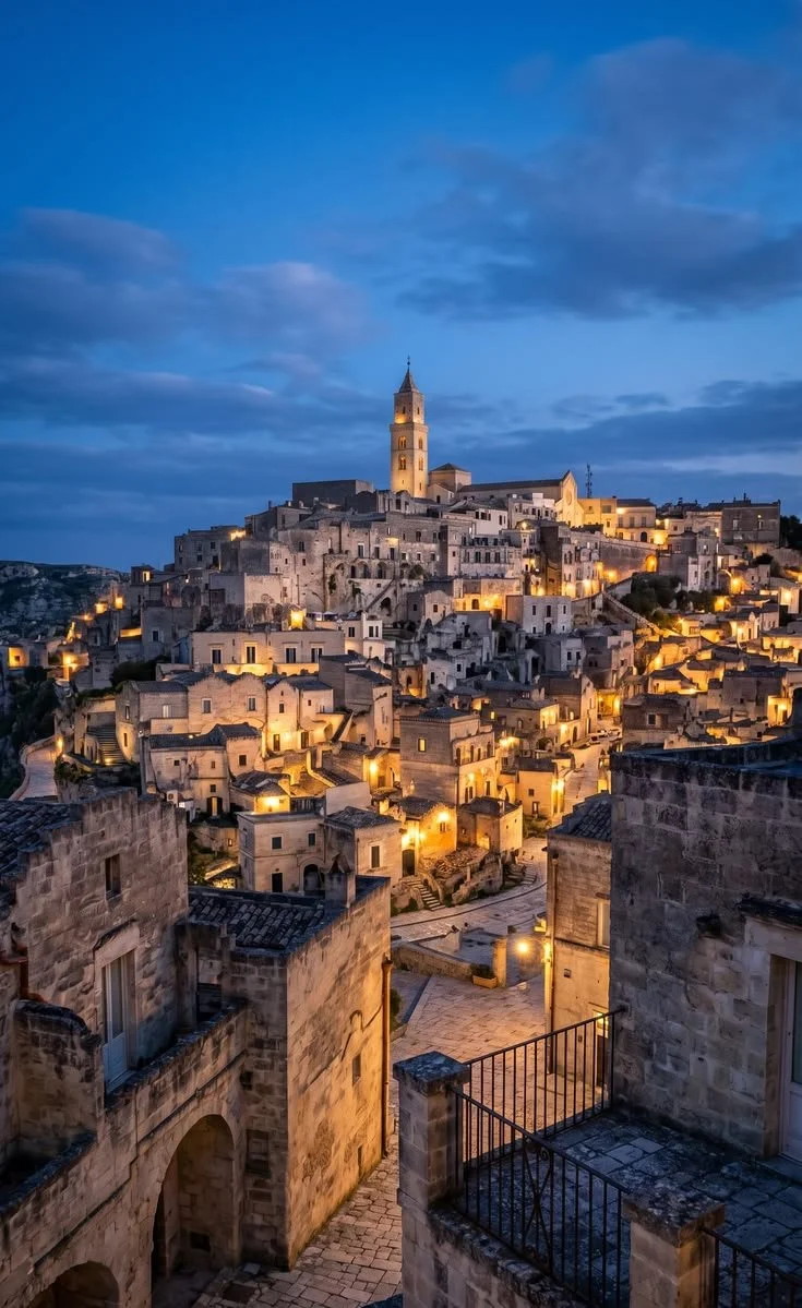 Matera: Night view of a hillside village with illuminated stone buildings and a tall church tower against a blue sky.