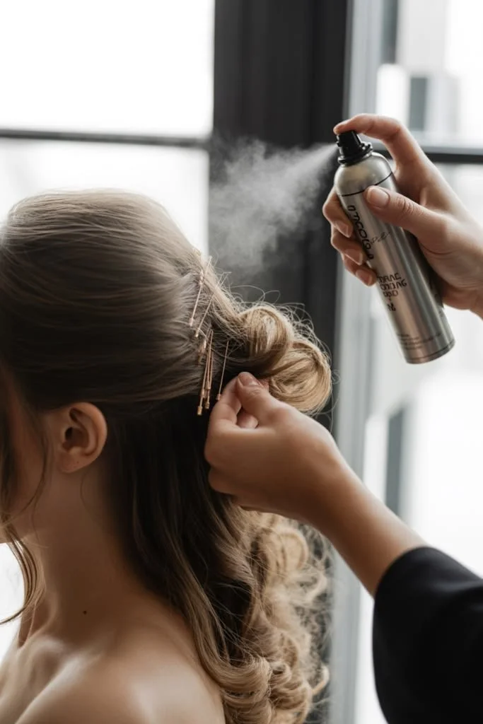 A person spray hairspray onto a woman's curled hair, which is being held in place with hairpins.