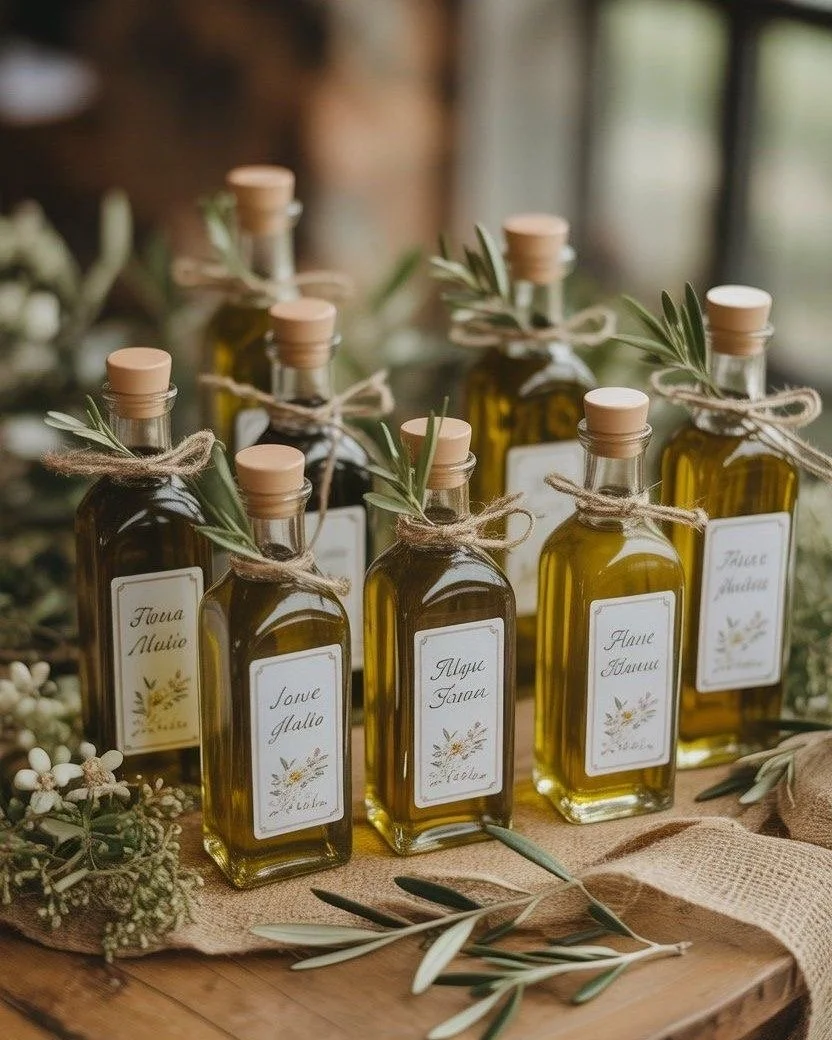 Multiple bottles of herbal or essential oil with labels, tied with twine and decorated with sprigs of greenery, arranged on a wooden surface with additional greenery and floral accents.