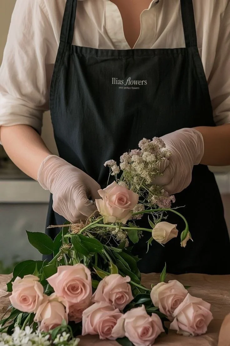 Person arranging pink roses and baby's breath for a floral arrangement in a flower shop, wearing gloves and a black apron that reads 'Ilias Flowers.'