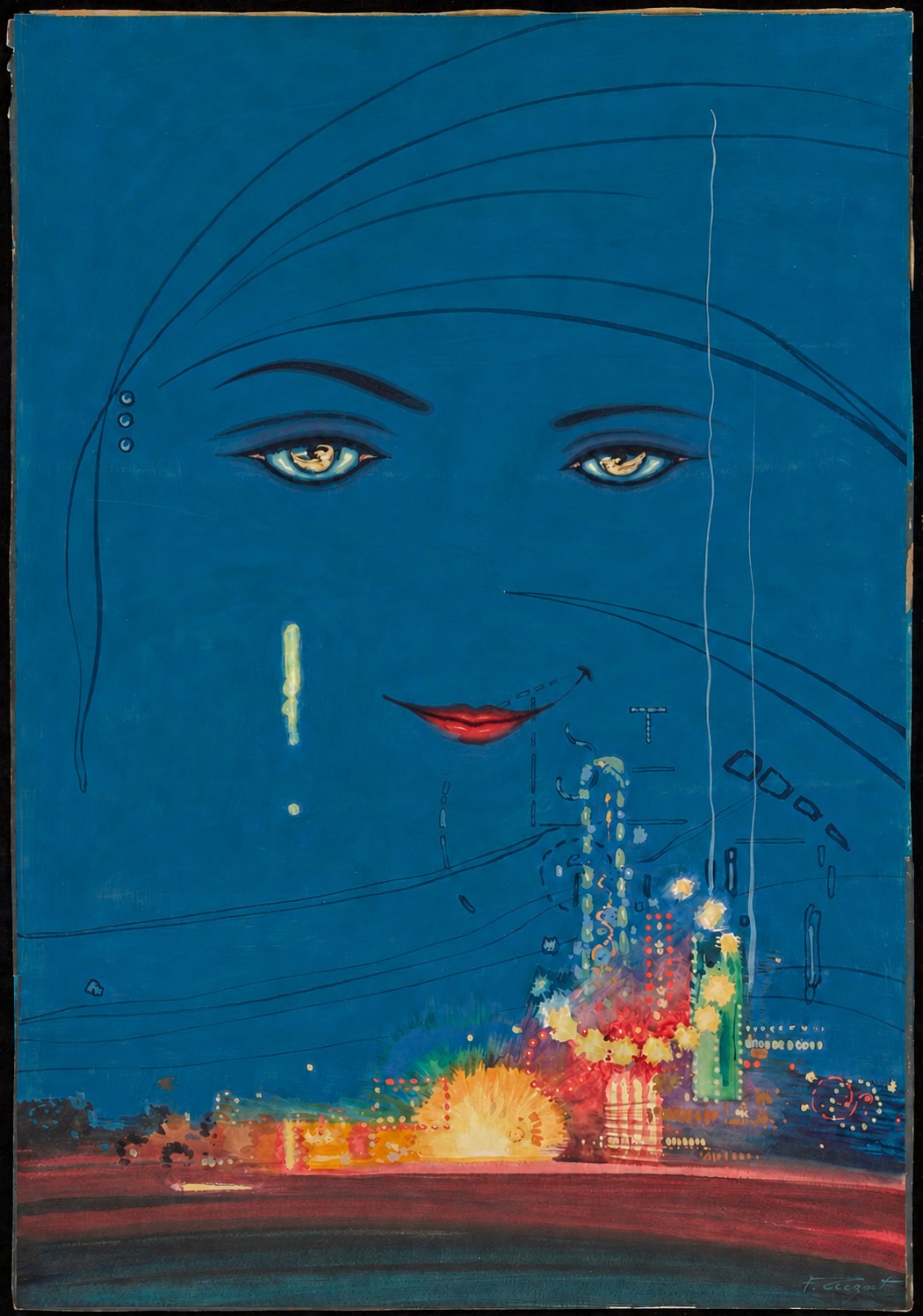 A colorful abstract painting featuring a large woman's face with blue skin, expressive eyes, and bright red lips on a deep blue background. At the bottom, there are vibrant, energetic bursts of light and color resembling fireworks or city lights.